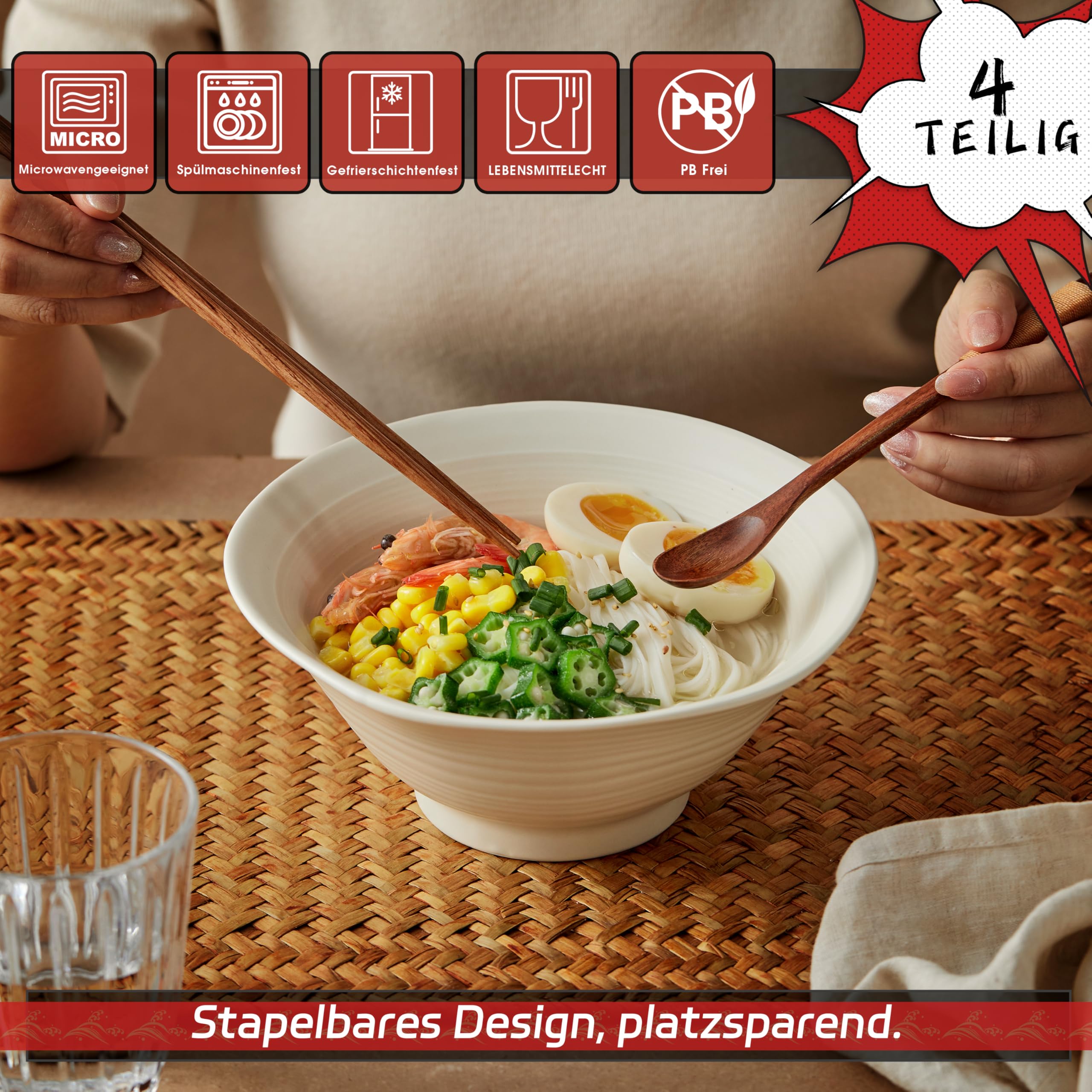 Jiwoo Ramen Lot de 4 assiettes creuses Ø 20 cm - Bol de qualité supérieure - Passe au micro-ondes - Bol à soupe japonais pour ramen, soupe, salade, spaghettis