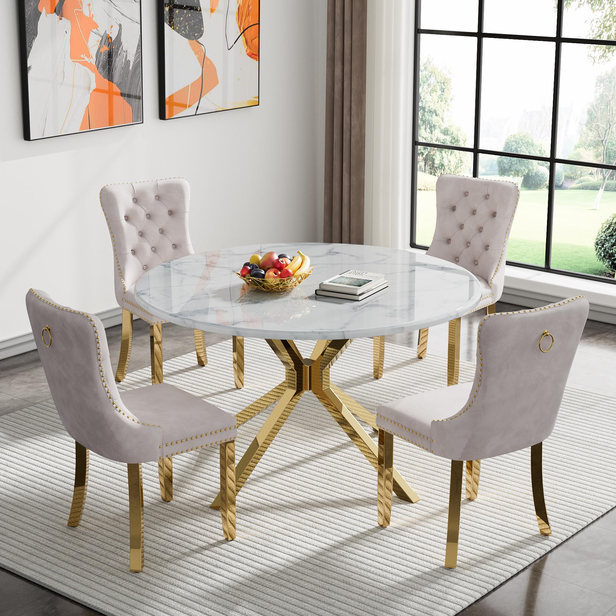Amazon.com - Round Marble Dining Table Set for 4, 47" White Gold Marble ...