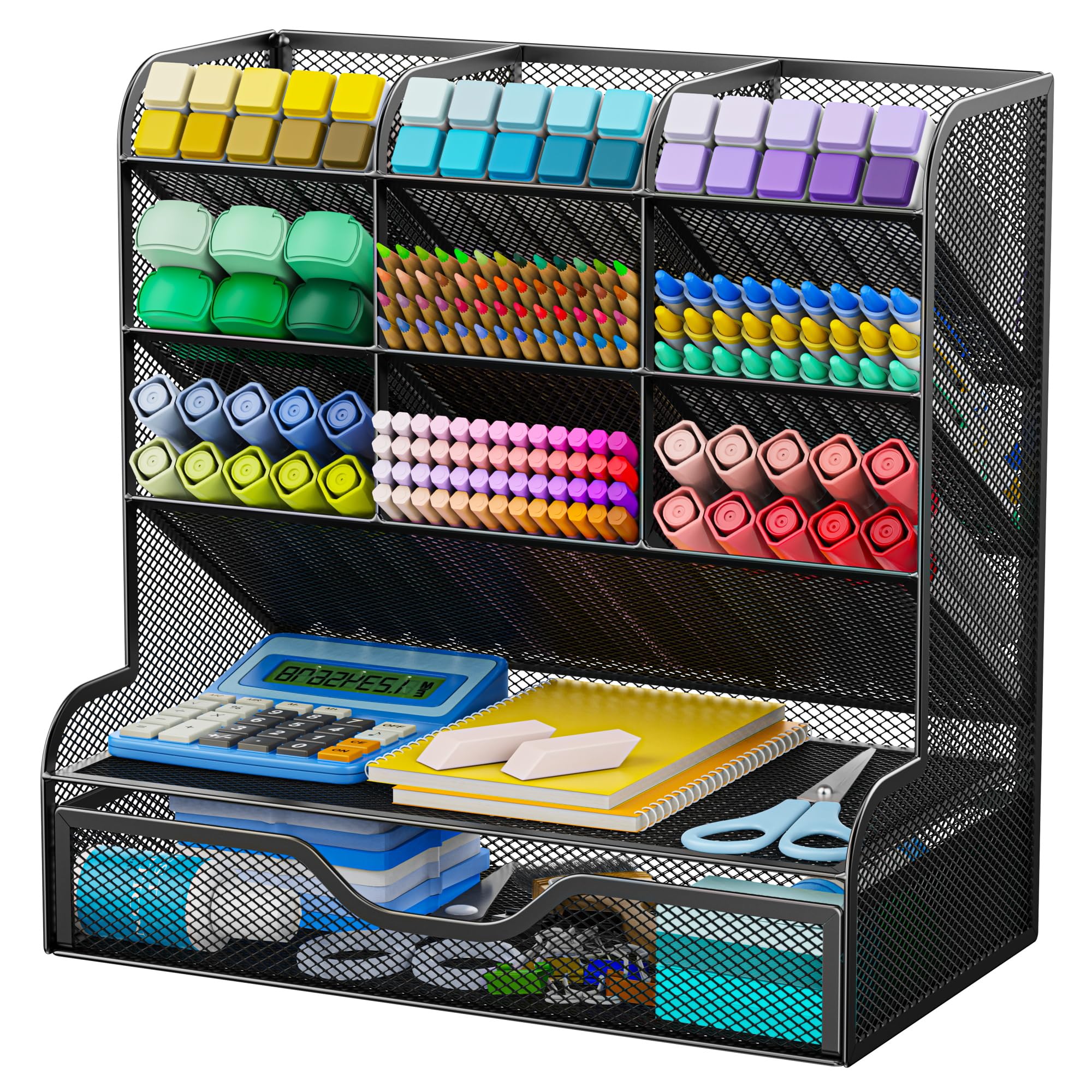 APH02 Multi-Functional Pen Pencil Holder, Desk Organizer with Drawer, Office & Art Supplies Storage，Large Size (Black) image 3