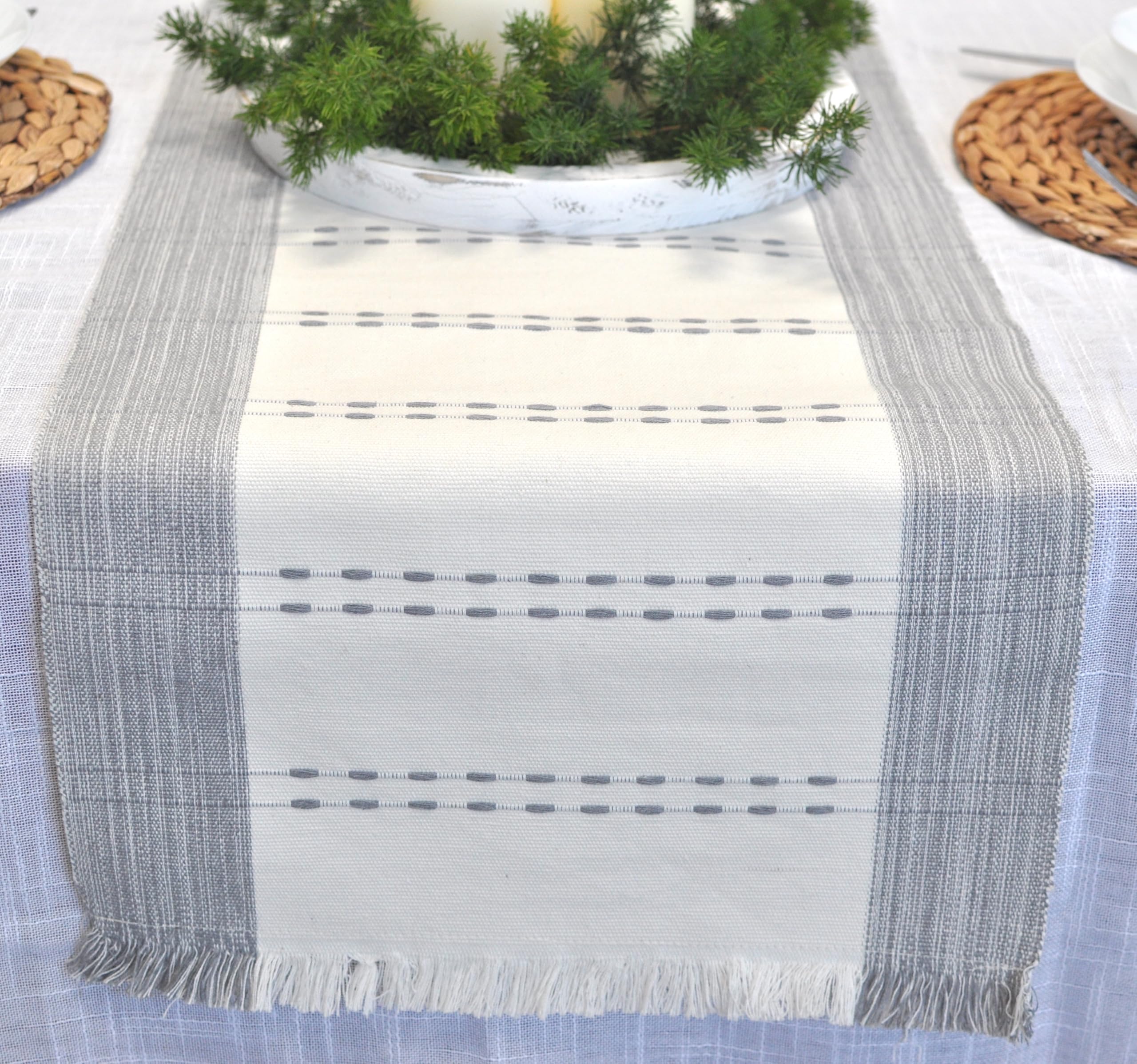 Camino de mesa tejido de algodón orgánico a rayas con flecos, tela rústica de granja, camino de mesa de comedor para cocina, mesa de buffet, bufanda de tocador, antideslizante, lavable, textura