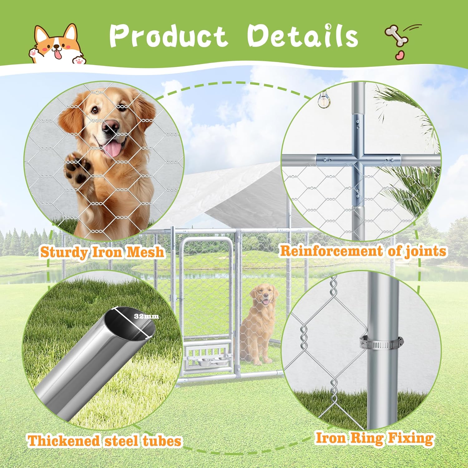 Grepatio 7.5x7.5 FT Outdoor Dog Kennel with Roof, Outside Dog Enclosure with 2 Rotating Feeder Bowls, Dog Kennel Dog Playpen Fence for Large Dogs with Secure Lock (7.5x7.5 FT)