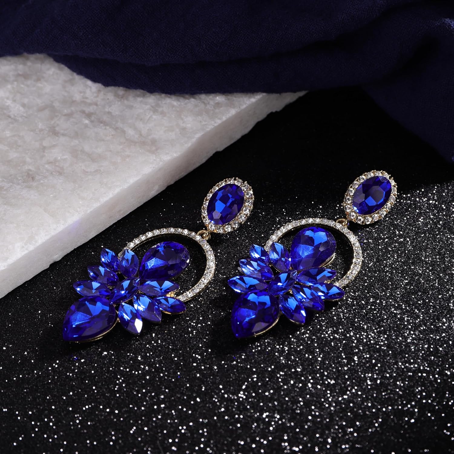 Chargances Vintage Royal Blue Rhinestone Statement Earrings Chic Crystal Teardrop Dangle Earrings for Wedding Women Brides - Image 5