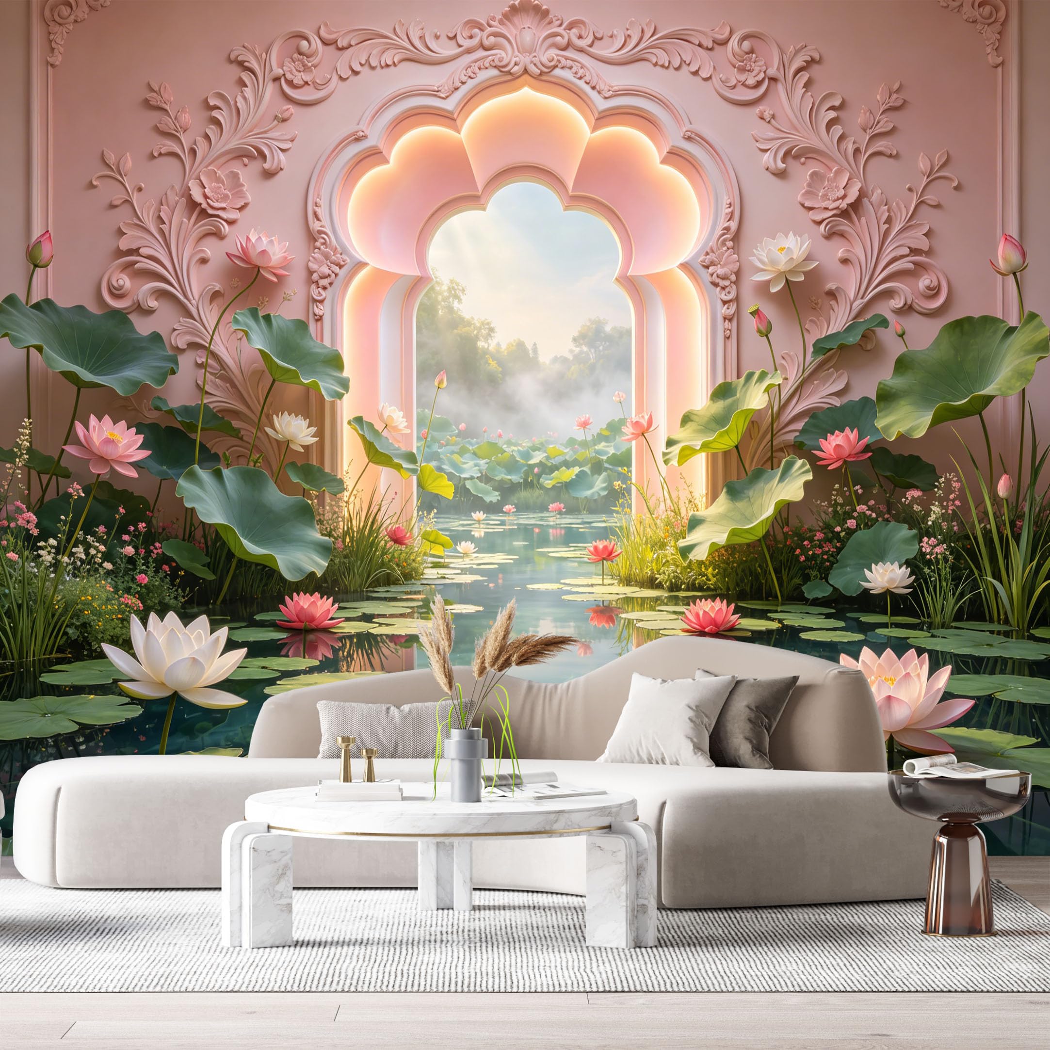Custom Size Wall Murals Fantasy Archway Lotus Pond Botanical Landscape Watercolor 3D Trompe L'Oeil SelfAdhesiveWall Fabric Removable Wallpaper Wall Decor for Living Room Bedroom Bathroom