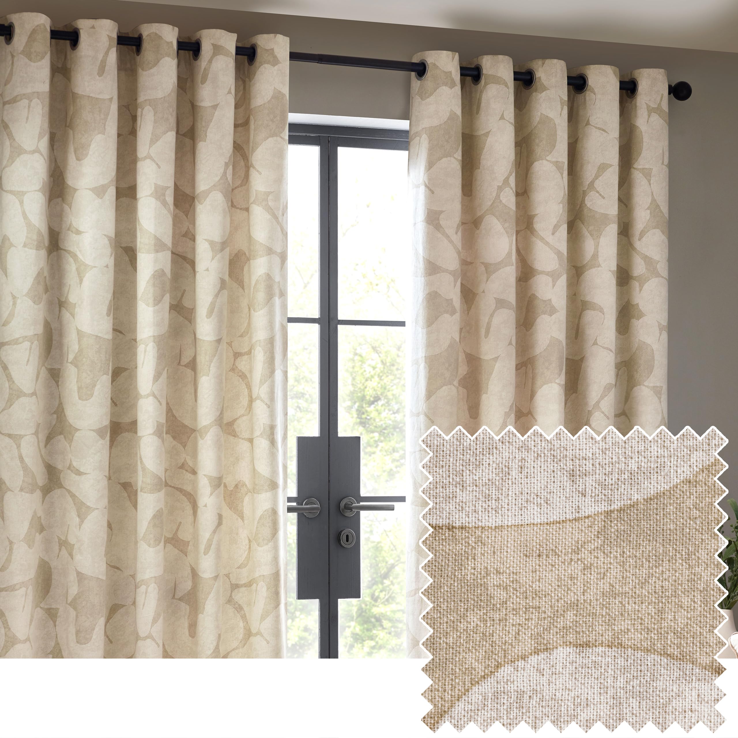 furn. Hoem Brinn Abstract 100% Cotton Lined Curtains – Natural (117cm Width x 137cm Drop)