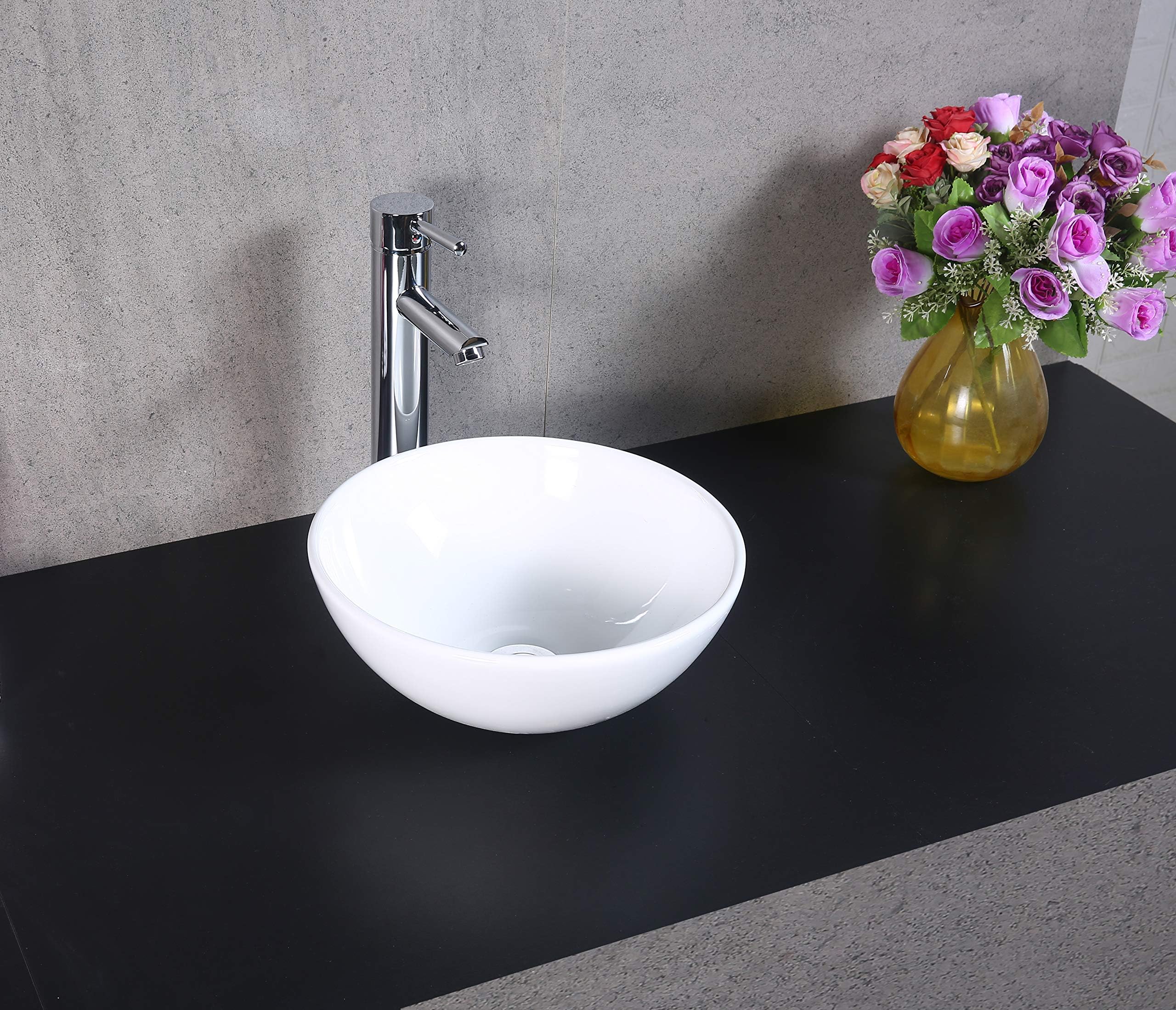 Home Supplies Ceramic Cloakroom Round Basin Hand Washing Sink-Modern Design Gloss White Countertop Sink with Tap-Waste-Bottle Trap | 13 x 31 x 31cm