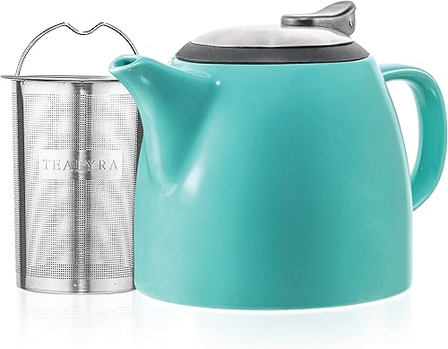Tealyra - Tetera pequeña de cerámica Drago Turquesa - 22oz (2-3 tazas) - Con tapa de acero inoxidable e infusor extrafino para té de hojas sueltas -