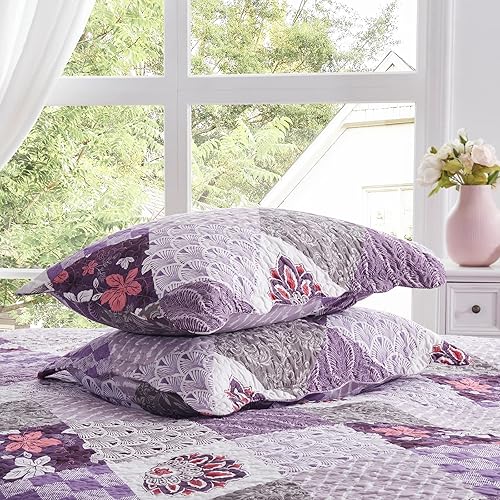 Miniatura 6 de Juego de edredón tamaño King de 3 piezas, colcha reversible ligera de 98 x 106 pulgadas, colcha floral de retazos suaves, lujosa funda de cama de