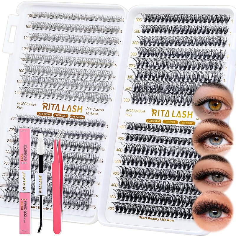Kit de cílios postiços RITALASH 10D+20D+30D+40D com 640 unidades, comprimentos de 10 a 16 mm, cola e pinça