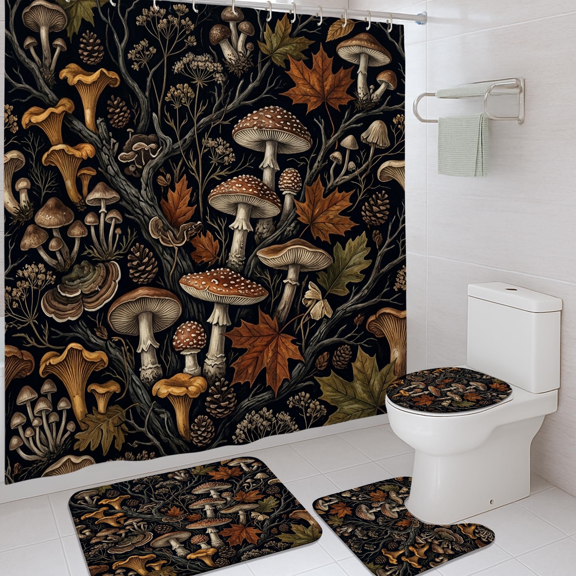 Rideau de douche champignon marron 183x183 avec crochets pour déco salle de bain nature