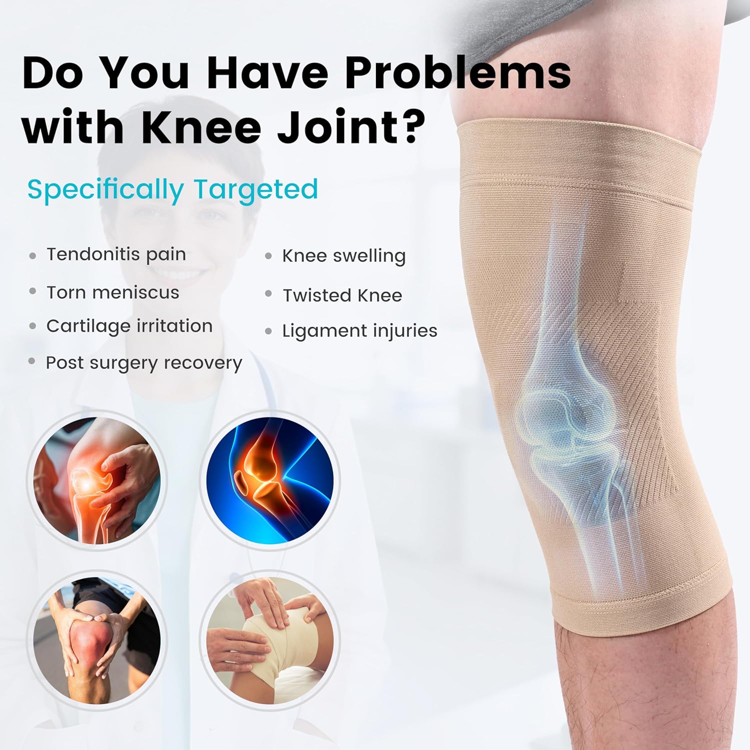 Knee Compression Sleeves, 1 Pair, Can Be Worn Under Pants, 20-30mmHg Strong Support Knee Brace for Unisex, Knee Support for Meniscus Tear, Arthritis, Pain Relief, Injury Recovery, Daily Wear, Beige M - Image 4