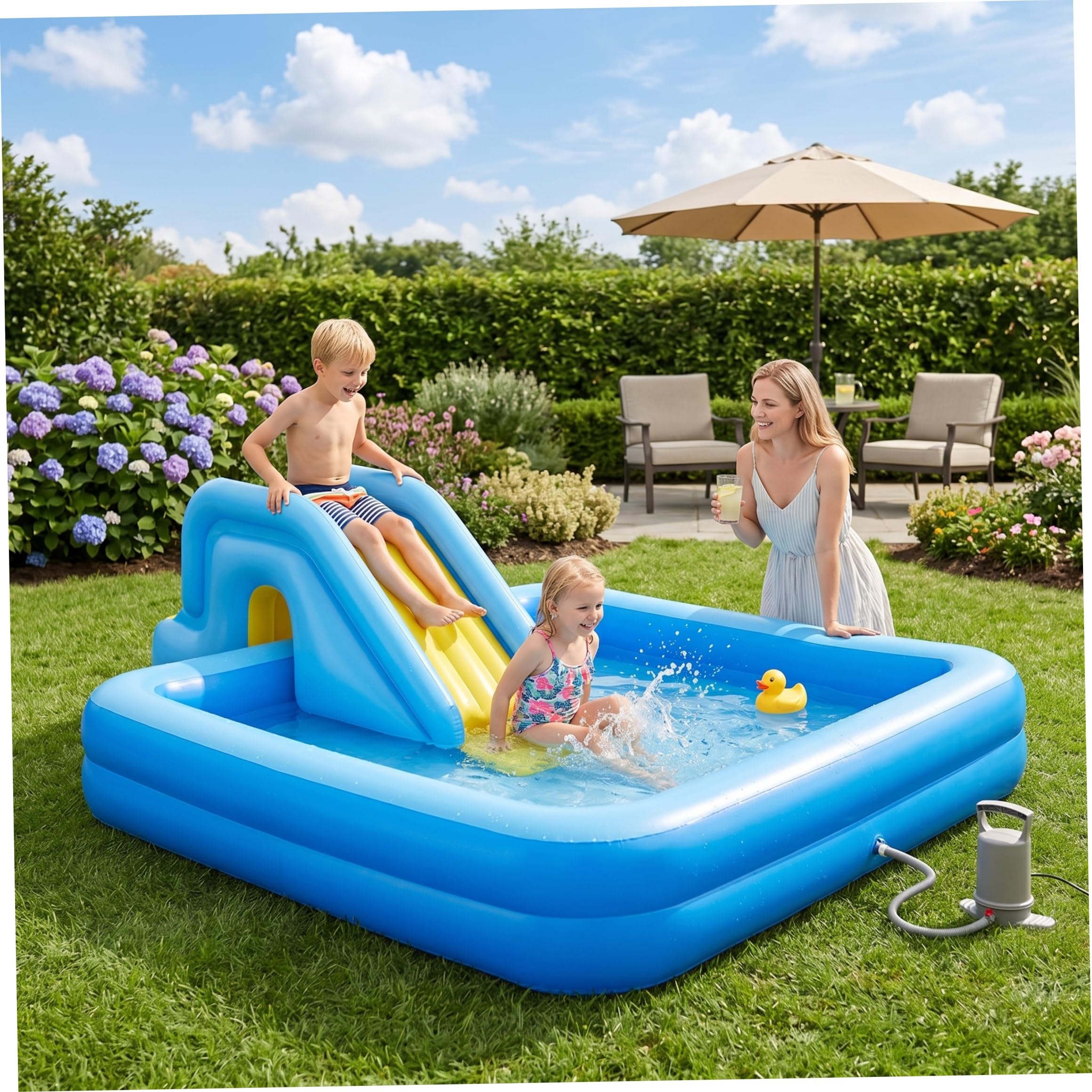 Aufblasbare Poolrutsche, aufblasbare Wasserrutsche, einfache Aufbewahrung für den Innen-Hinterhof und die Nutzung, hellblau, mit Fußpumpe