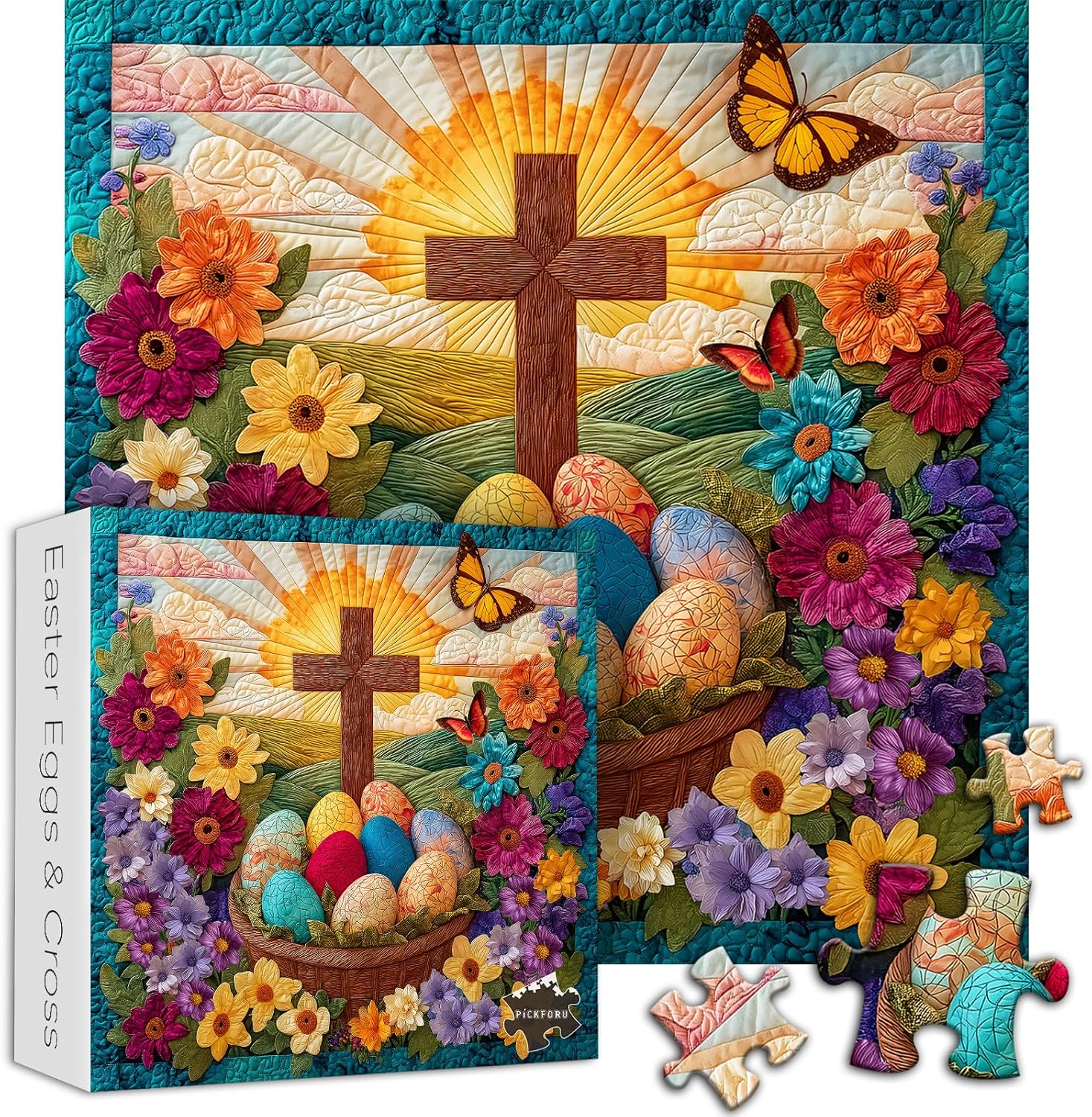 Easter Egg Puzzles for Adults 1000 Pieces, Christian Catholic Cross Floral Colorful Eggs Quilt Jigsaw Puzzles, Religious Faith Theme Flower Patchwork Art Puzzle, Vintage Color Challenging for Adults