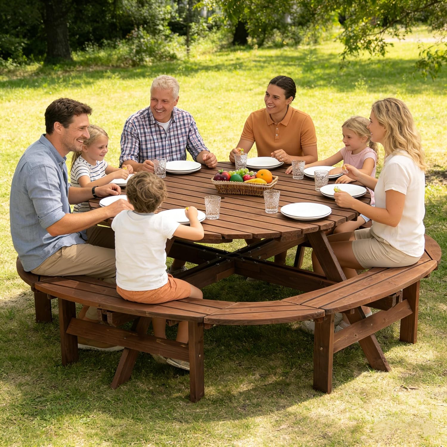 Round Outdoor Wooden Picnic Table for 10-12 People, DIY with 1 Built-in Circular Bench, Wooden Picnic Table for Deck, Backyard, Garden, Brown