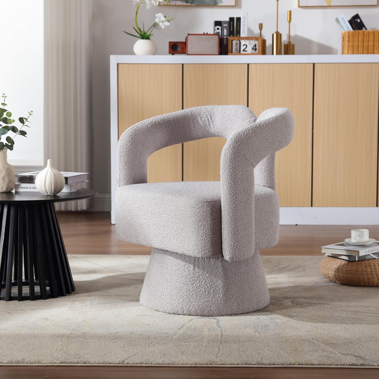 Modern 360°Swivel Accent Chair with Curved Back,Cuddle Barrel Chair, Upholstered Fluffy Fabric Armchair for Cozy Comfort, for Living Room, Bedroom, Office, Light Grey