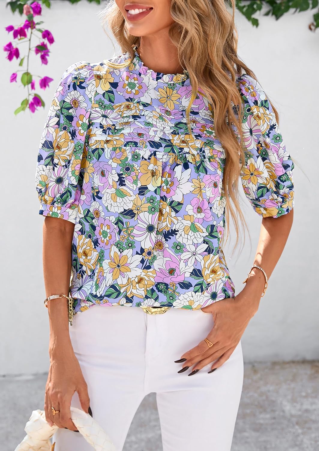PRETTYGARDEN Floral Tops for Women Blouses Dressy Casual 2026 Summer Trendy Outfits Boho Pleated Short Sleeve Shirts - Image 3