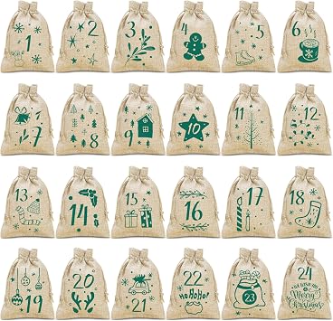 24PCS Christmas Advent Calendar Bags, 3.9x5.9 Inches Christmas Countdown Burlap Bags, Reusable Drawstring Gift Bags for Candy, Snacks, DIY Crafts, Holiday Party Favors