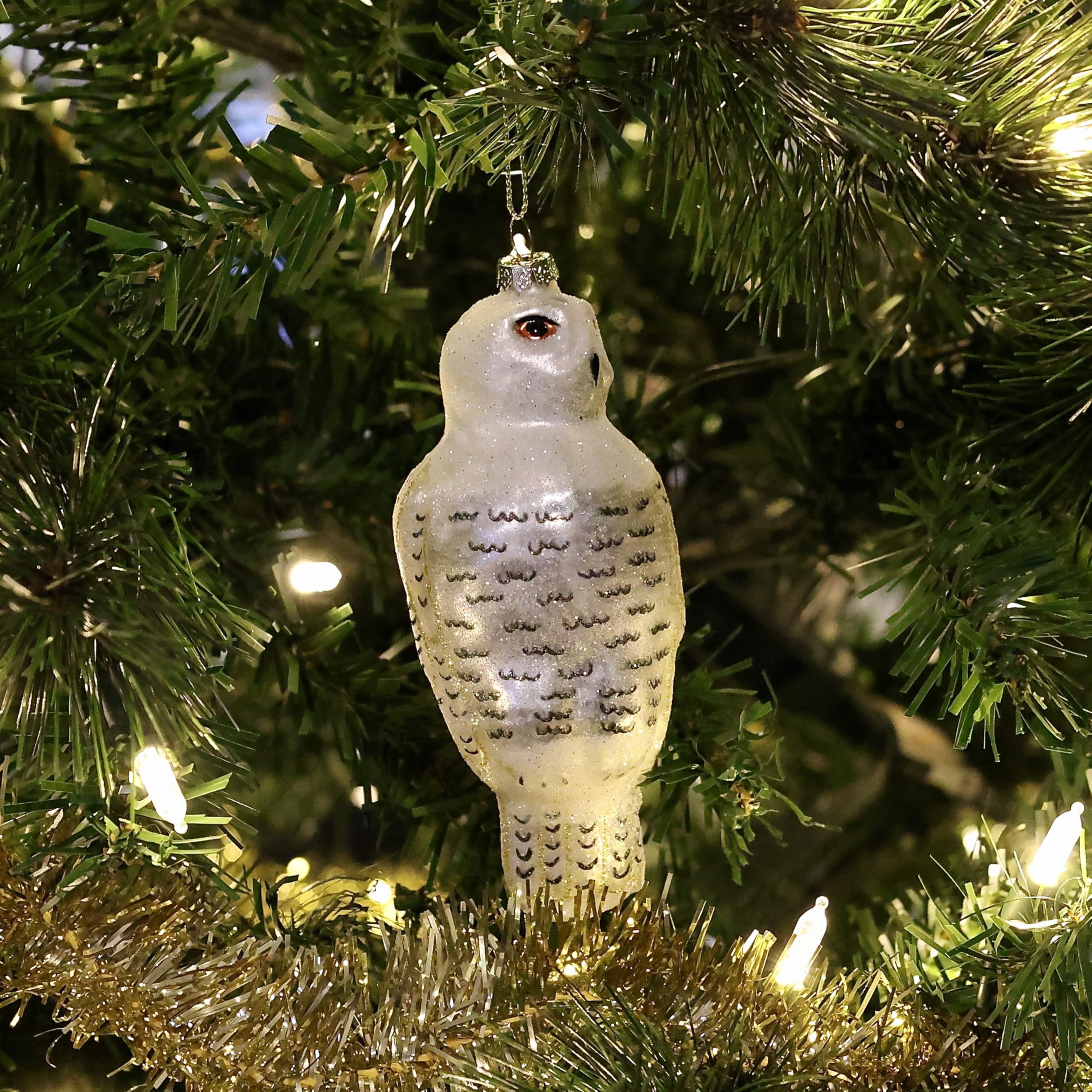 Cobane Studio - Adorno de búho nevado, vidrio soplado a mano, adorno de pájaro pintado a mano para árboles de Navidad y decoración del hogar