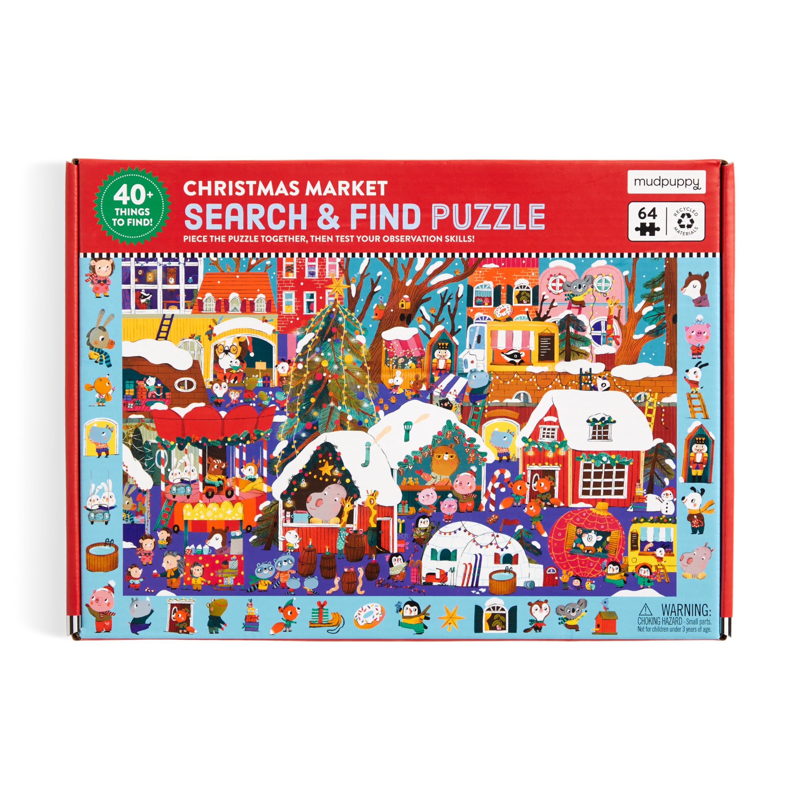 Mudpuppy Christmas Market - 64 Piece Search & Find Jigsaw Puzzle Featuring Festive Critters Shopping Around The Christmas Market and Over 40 Hidden Images to Find - Image 7