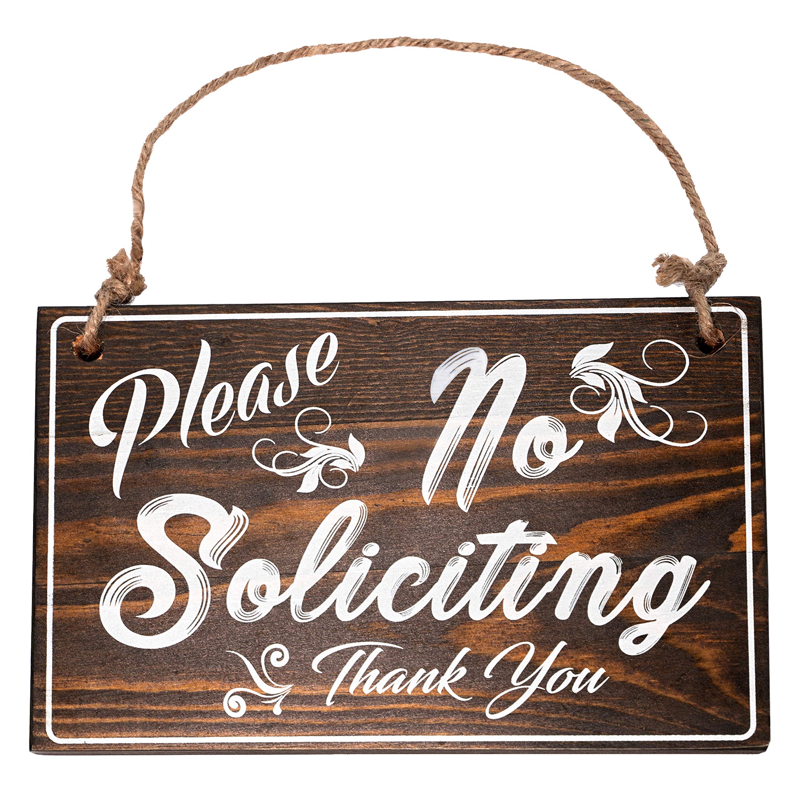 Bleecker StationRustic Style No Soliciting Sign for House with Jute Rope, Solid Wood, Farmhouse Door Sign, Espresso with White Lettering