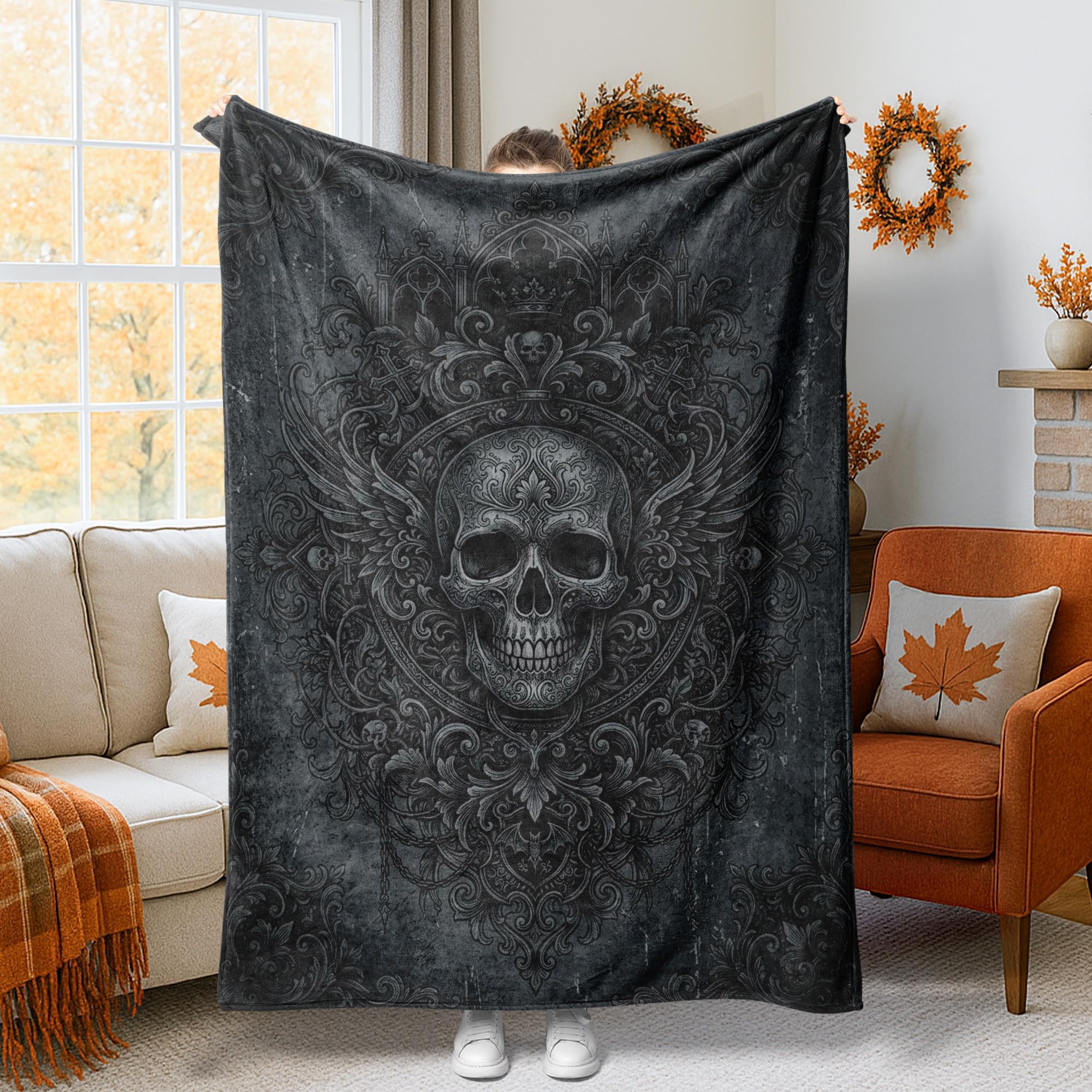 Couverture en peluche noire ailes gothiques et tête de mort lit et canapé