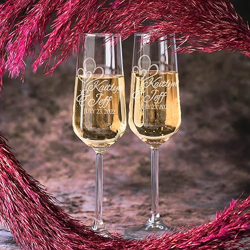 Vista 34 de Juego de 2 copas de champán personalizadas para boda, copas de champán personalizadas para novia y novio, señor señor, señora, apellido y fecha