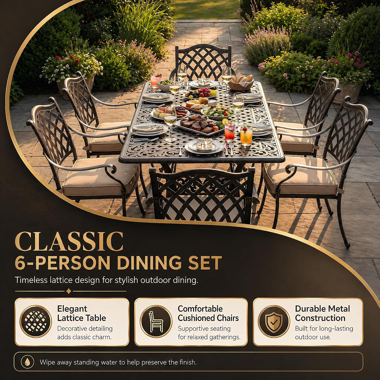 7 Piece Outdoor Dining Set Cast Aluminum, Retro Patio Dining Set for 6 Includes 59” Rectangular Table with Thicker Cushions and Umbrella Hole for Patio Deck Garden