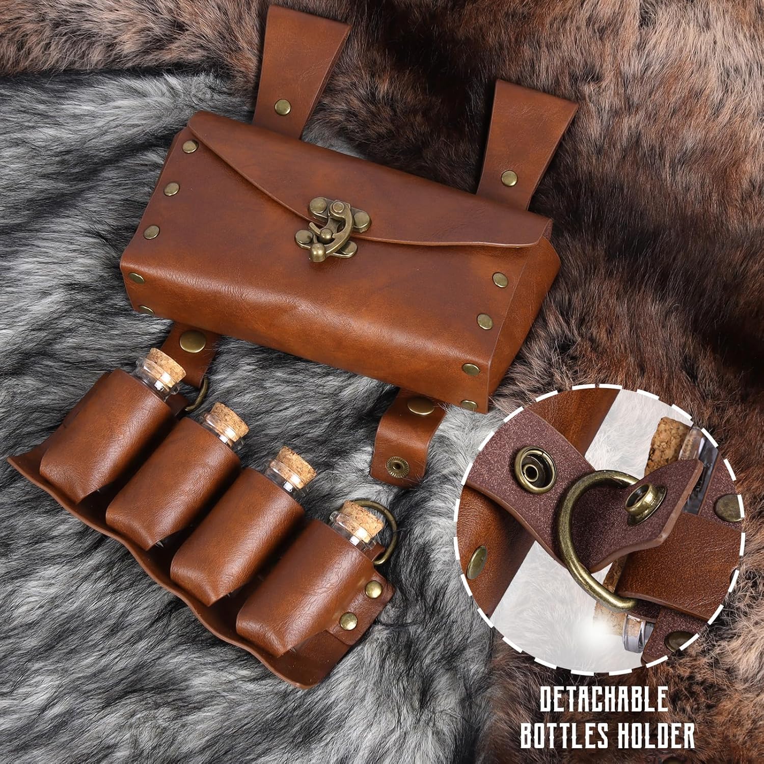 4PCS Renaissance Belt Pouch Set - Medieval Costume Accessories with Potion Bottles & Waist Bag for Halloween Cosplay (Brown) - Image 2
