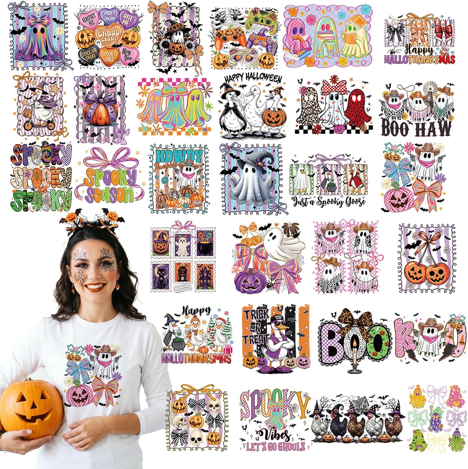 Dazoratix Halloween Iron on Transfers - 30 Sheets Spooky Ghost DTF Ready to Press Bulk Funny Boo Pumpkin Bow Heat Patches Stickers Vinyl Decals for T Shirts Clothes Pillow Bag DIY Crafts Decorations