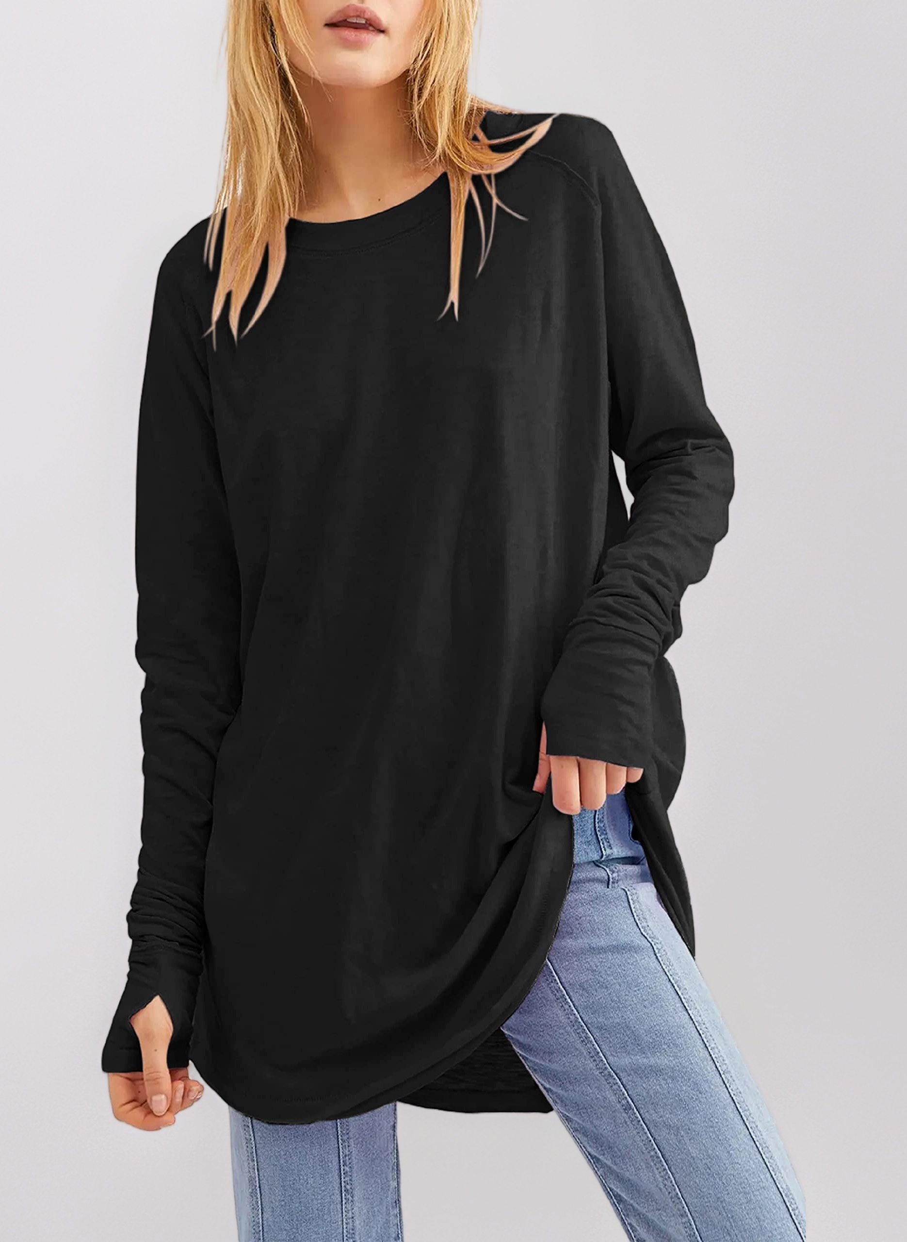 Long Sleeve Tops Womens Long Jumpers Crewneck Tunic Tops Loose Fit Sweatshirts with Thumb Holes.