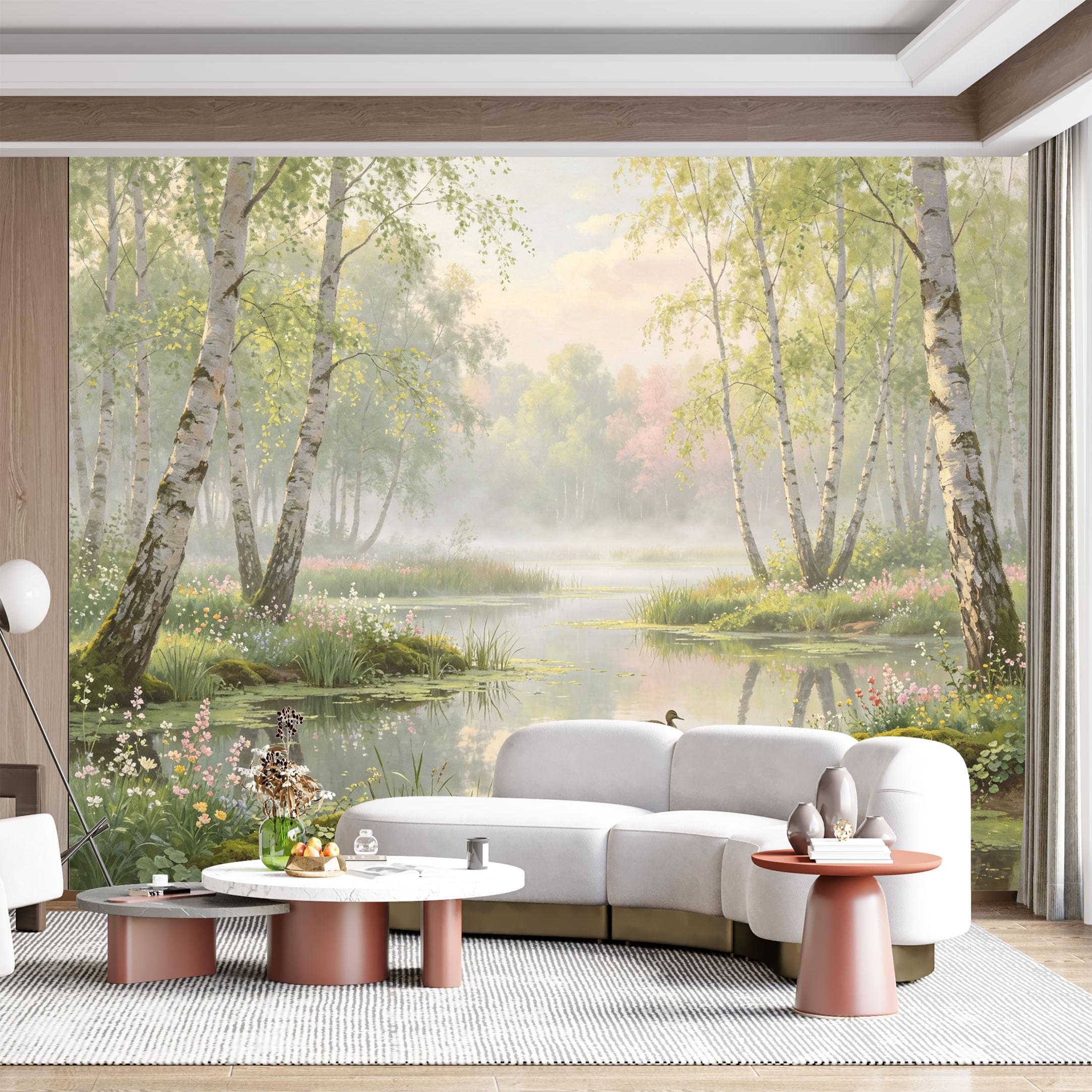 Custom Size Wall Mural Tranquil Forest Lake Landscape with Birches and Ducks Watercolor Painting SelfAdhesive Wall Fabric Removable for Home Office Decor