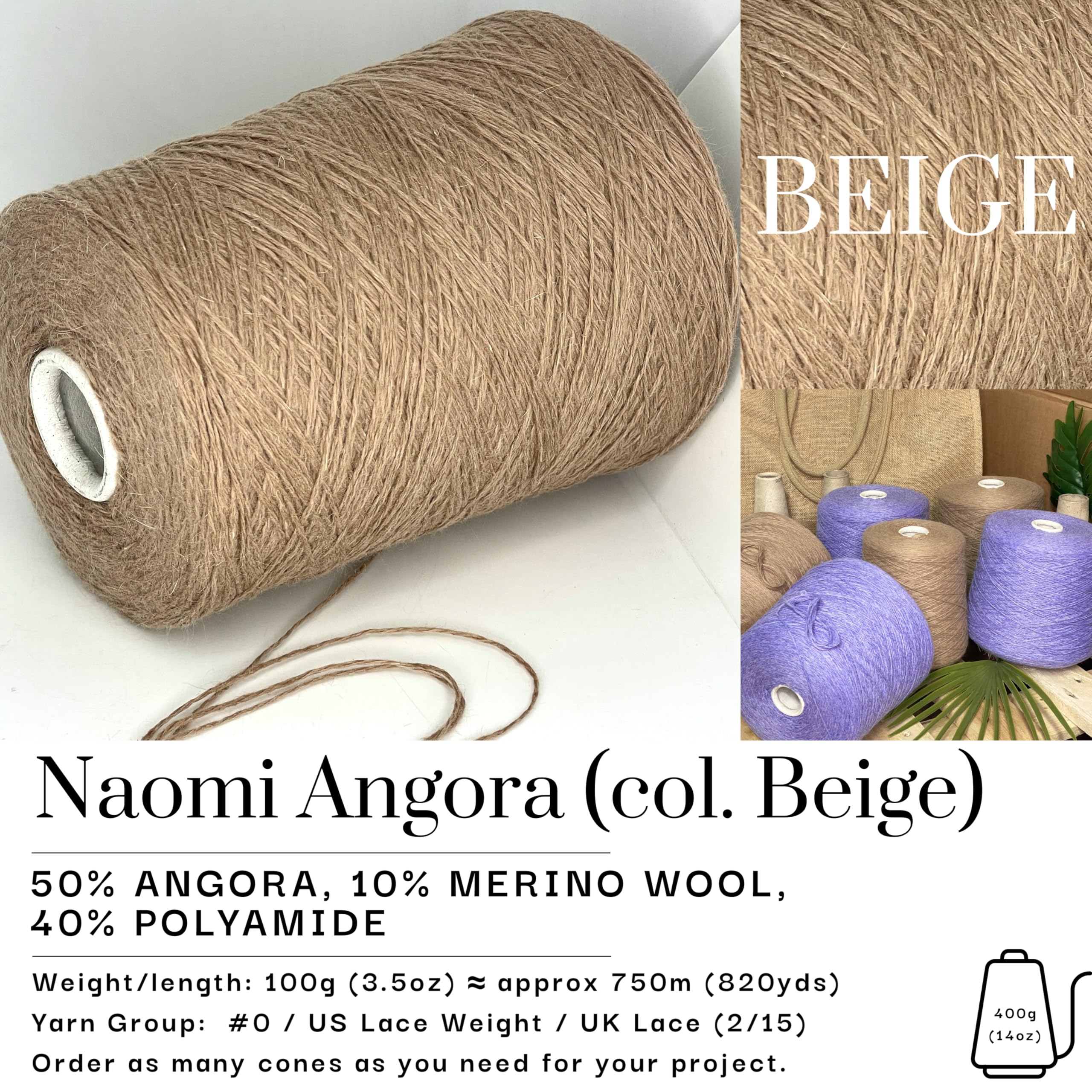 Angora Kaninchen-Mischgarn, luxuriöses Spitzengarn zum Stricken, Häkeln und für feine Kleidungsstücke (Beige, 400 g/3000 m)