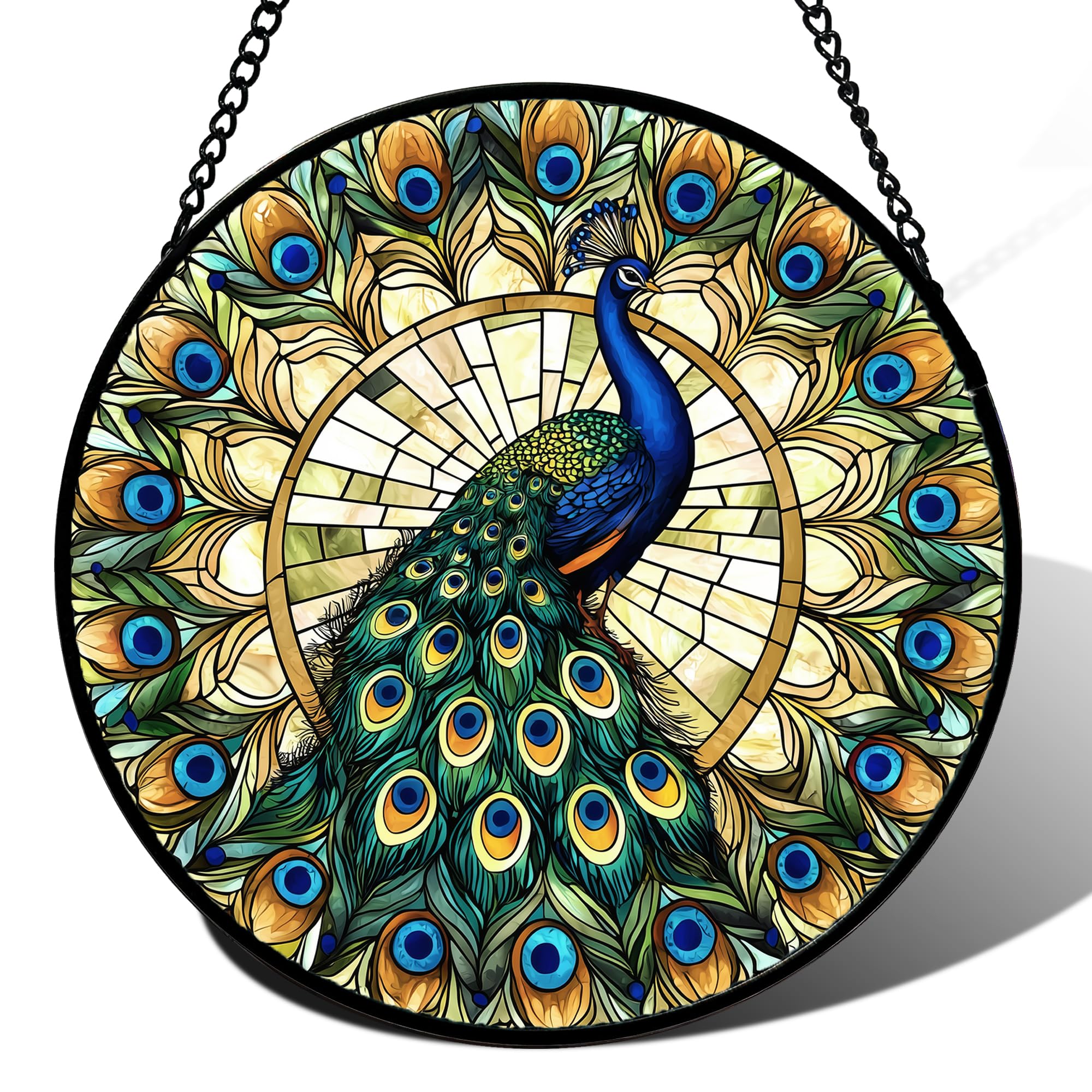 Peacock in Feather Halo Stained Glass Window Hanging Suncatcher Gifts 15"