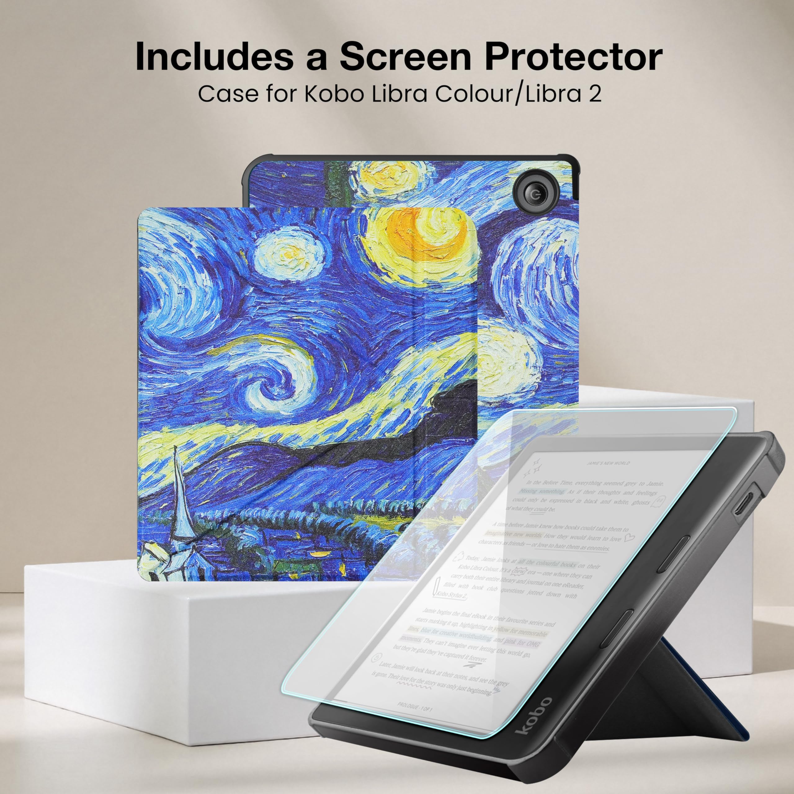 Case For Kobo Libra Colour/Kobo Libra 2, Includes a Case & Screen Protector - 7" Origami Cover Fit for Kobo Libra (Model N418/N428) with Auto Sleep/Wake(Starry Night, 7 icnh) — view 7