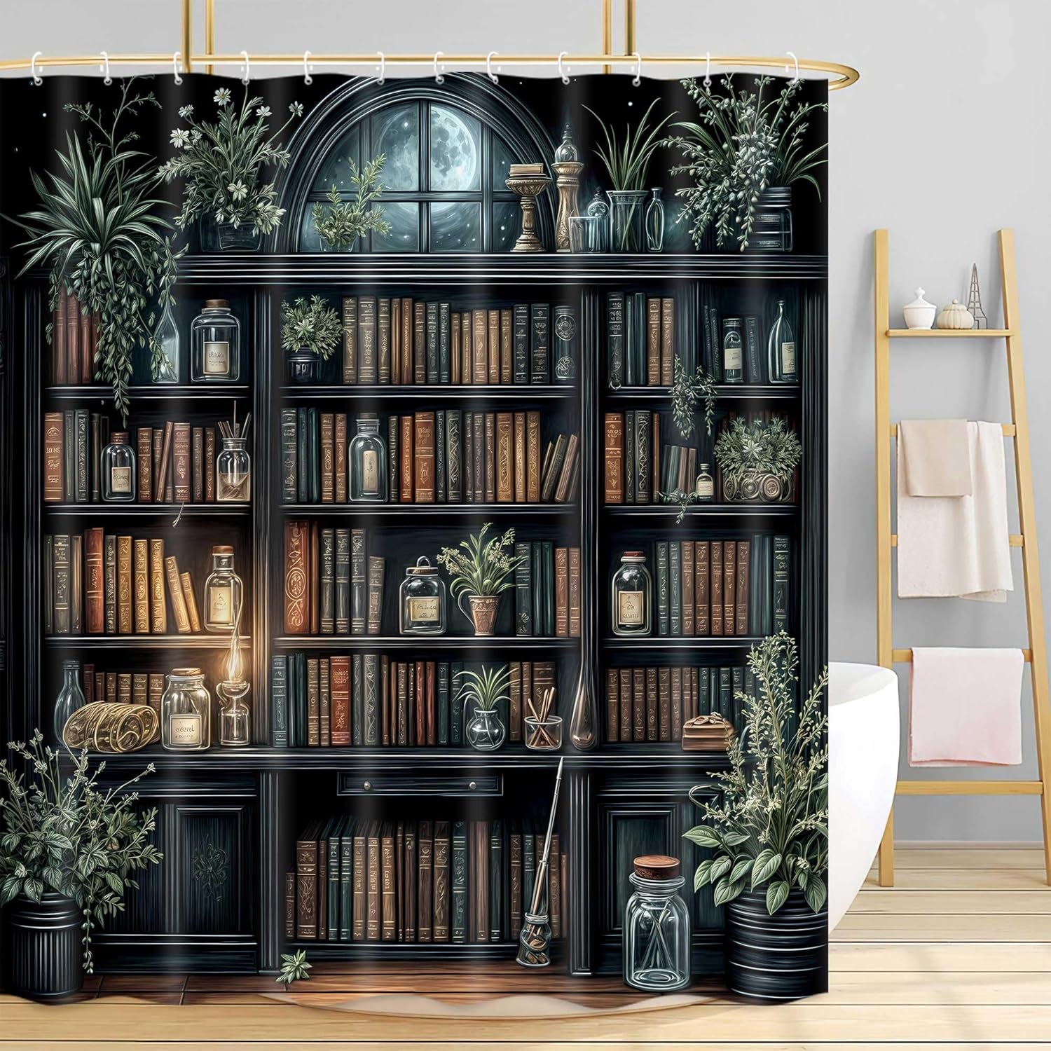 JAWO Vintage Bookshelf Shower Curtain with Moonlit Window Green Plants, Gothic Witchy Mysterious Library Bathroom Decor Shower Curtain Set, Waterproof Polyester Fabric Bath Curtain with 15 Hooks
