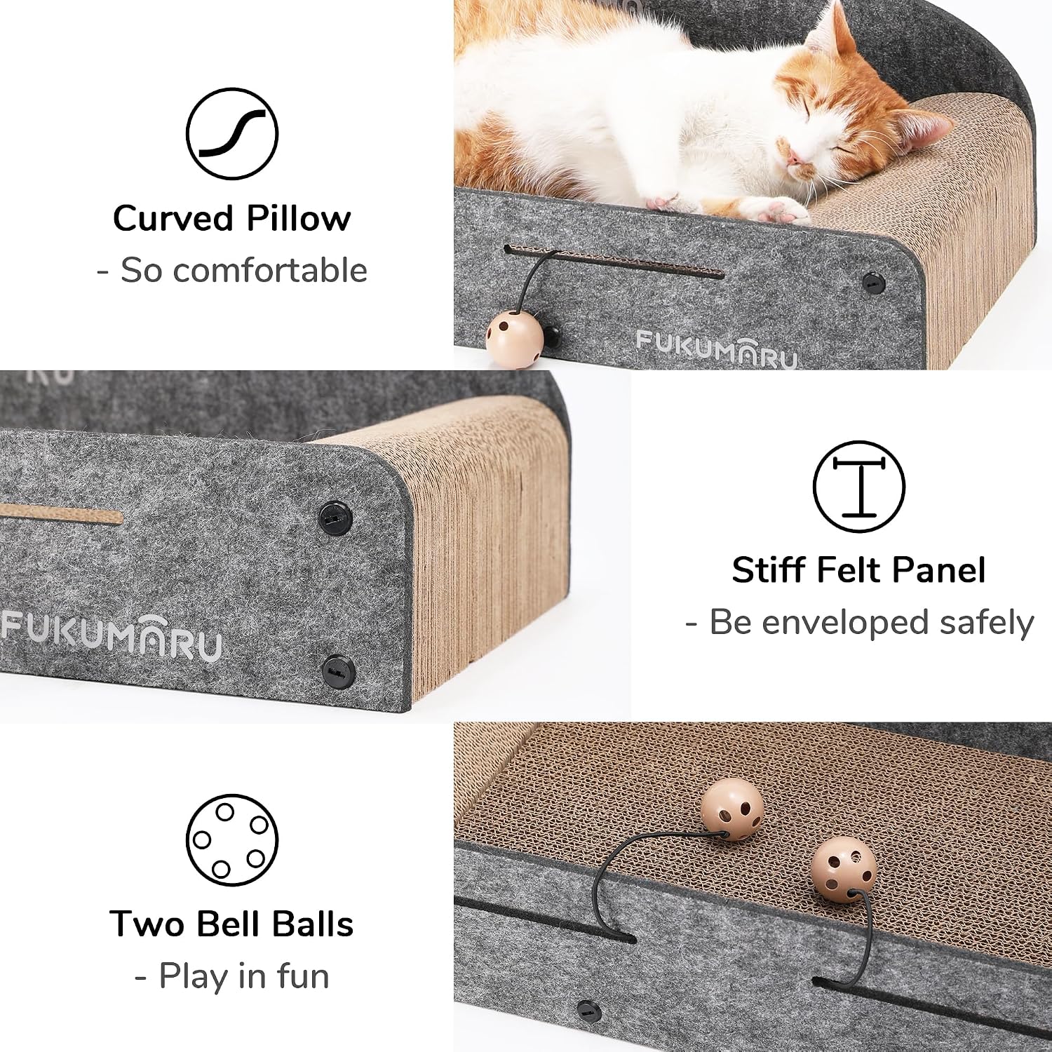 FUKUMARU 26 Inch Large Cat Scratcher Bed, 2 Reversible Cardboard Cat Scratch Pads Refill for Indoor Cats, Durable Cats Scratching Bed Sofa Couch Lounger with Fun Toys, Furniture Protector, Grey