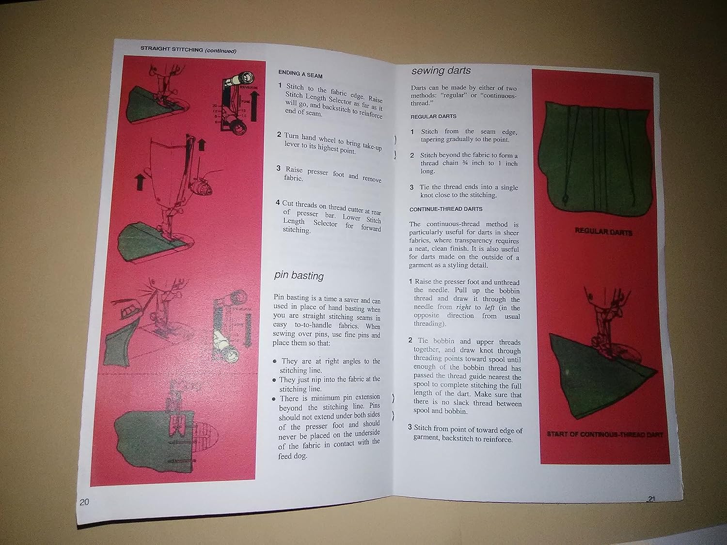 Illustrations for straight stitching and sewing darts