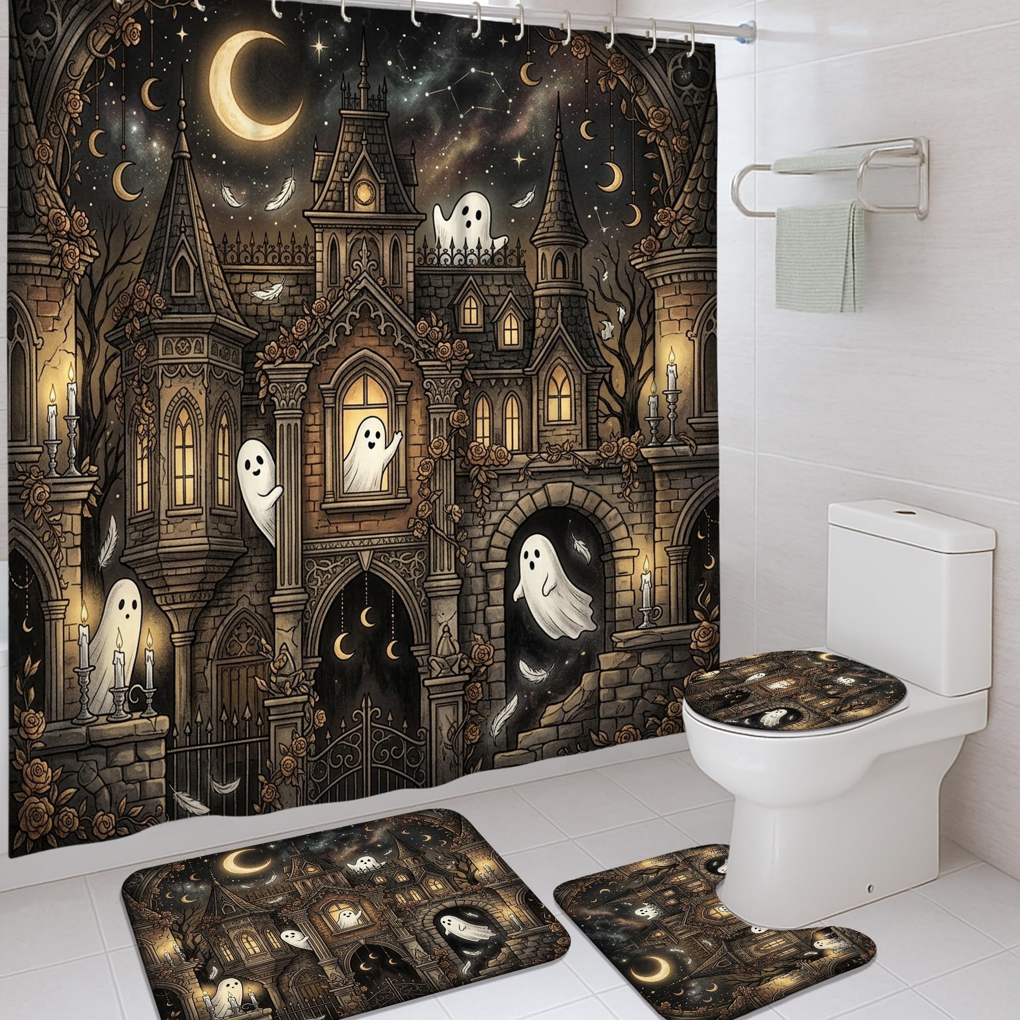 Rideau de douche fantômes Halloween avec tapis de bain en polyester imperméable