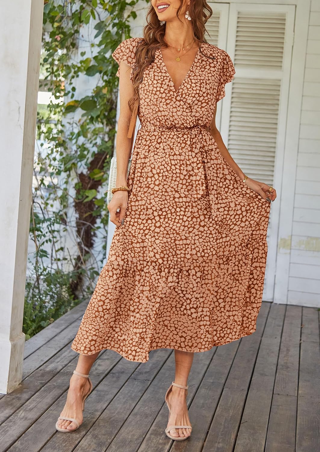  Women's Summer Floral Boho Maxi Dress | Short Sleeve Wrap V Neck, Long Flowy Ruffle Dresses, Spring Wedding Guest Outfits for Beach Vacation, Resort Wear, Tea Party thumbnail