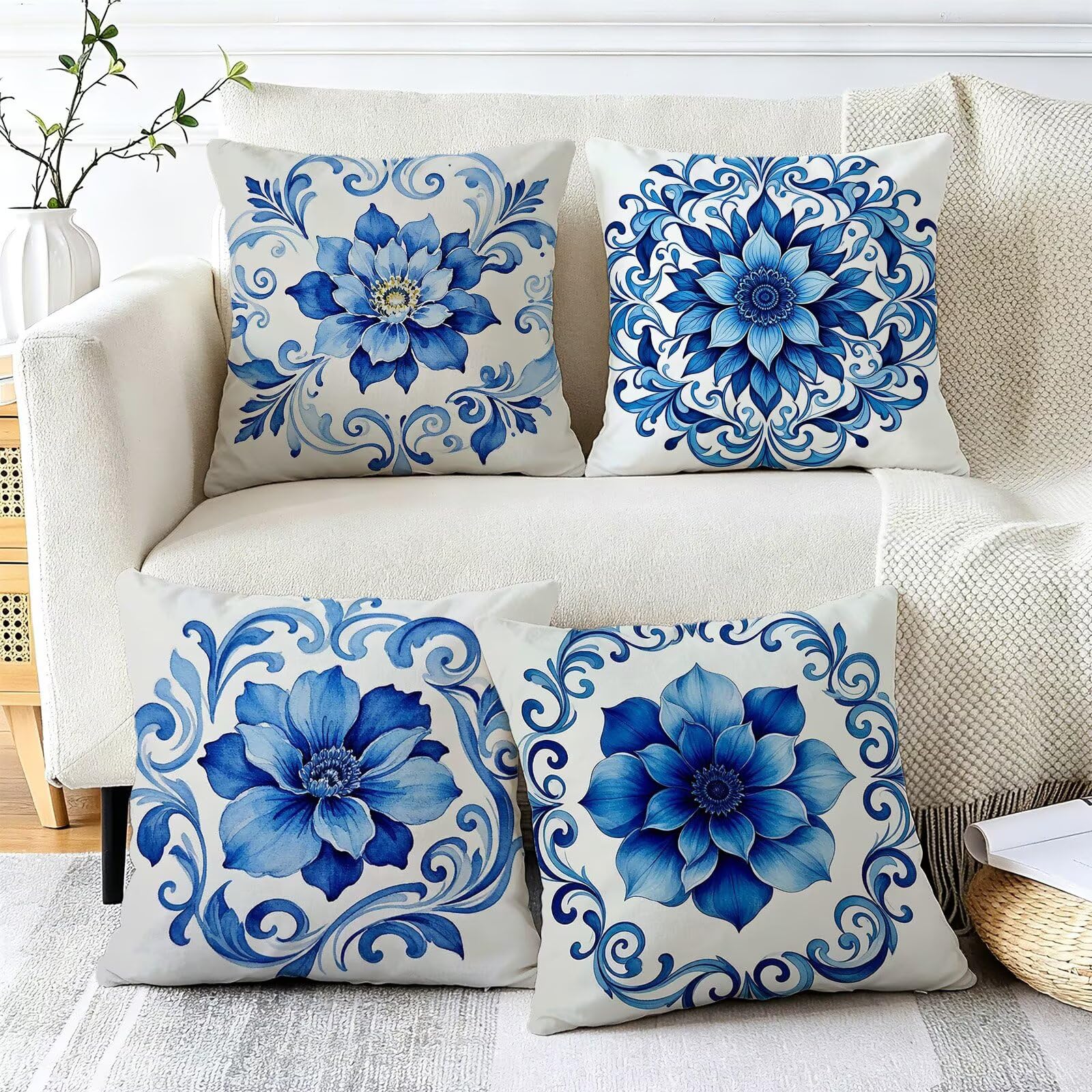 Blu Federe Cuscini Divano 60x60cm, Cuscini da Esterno Set de 4, Cod-306