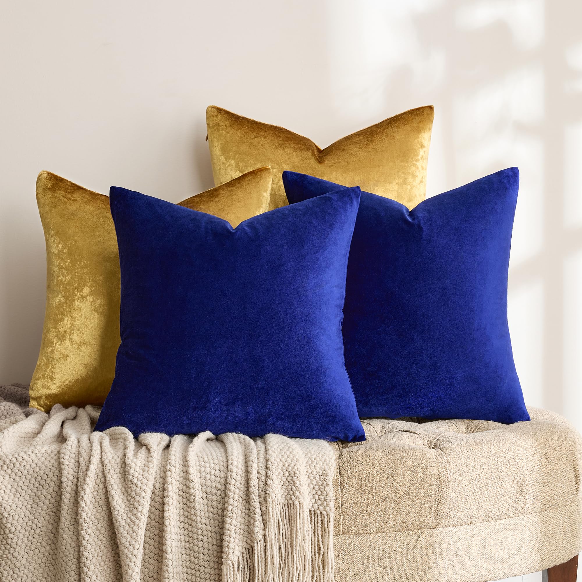 GIGIZAZA Decorative Throw Pillow Covers 18 x 18,Gold Black Soft, Set of 4 Square Velvet Cushion Covers: Blue+gold 20" x 20" (Pack of 4)