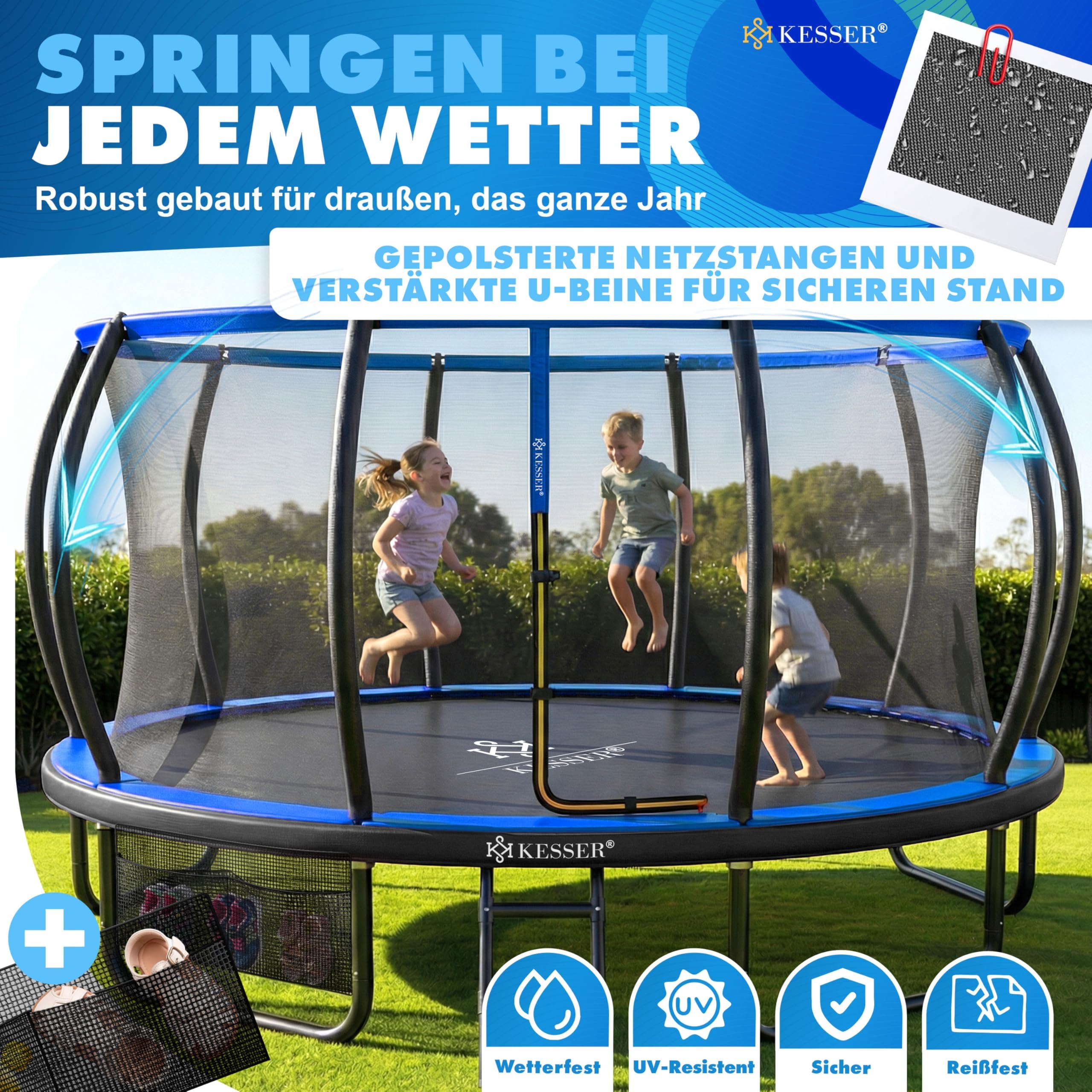 KESSER® Trampolín exterior Ø 244/305/366/427 cm, certificado GS, cama elástica de jardín para niños y adultos < 150 kg con red de seguridad, incluye bolsa, escalera, cubierta de borde y barras de red