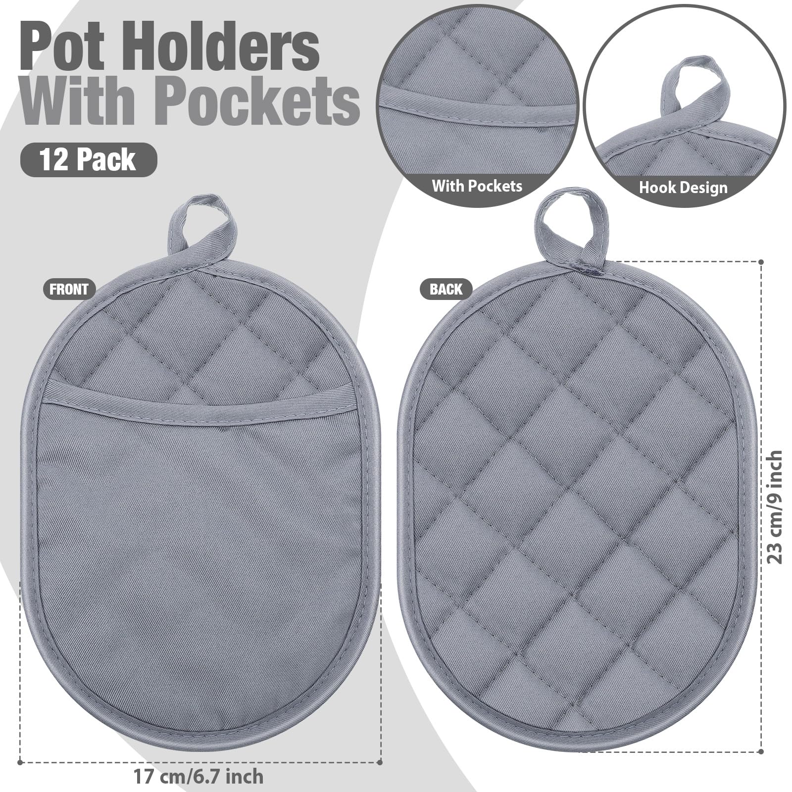 Set of 12 Grey Oval Pot Holders with Pocket for Kitchen Craft Project Heat Resistant Hot Cotton Pads Potholders Oven Pot Holder with Loop for Blank Sublimation Kitchen Gifts Baking Cooking