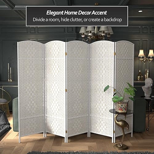 Miniatura 3 de Divisor de ambiente resistente de 6 pies, pantalla de privacidad plegable de fibra de ratán con patrón de diamante, Madera, Blanco