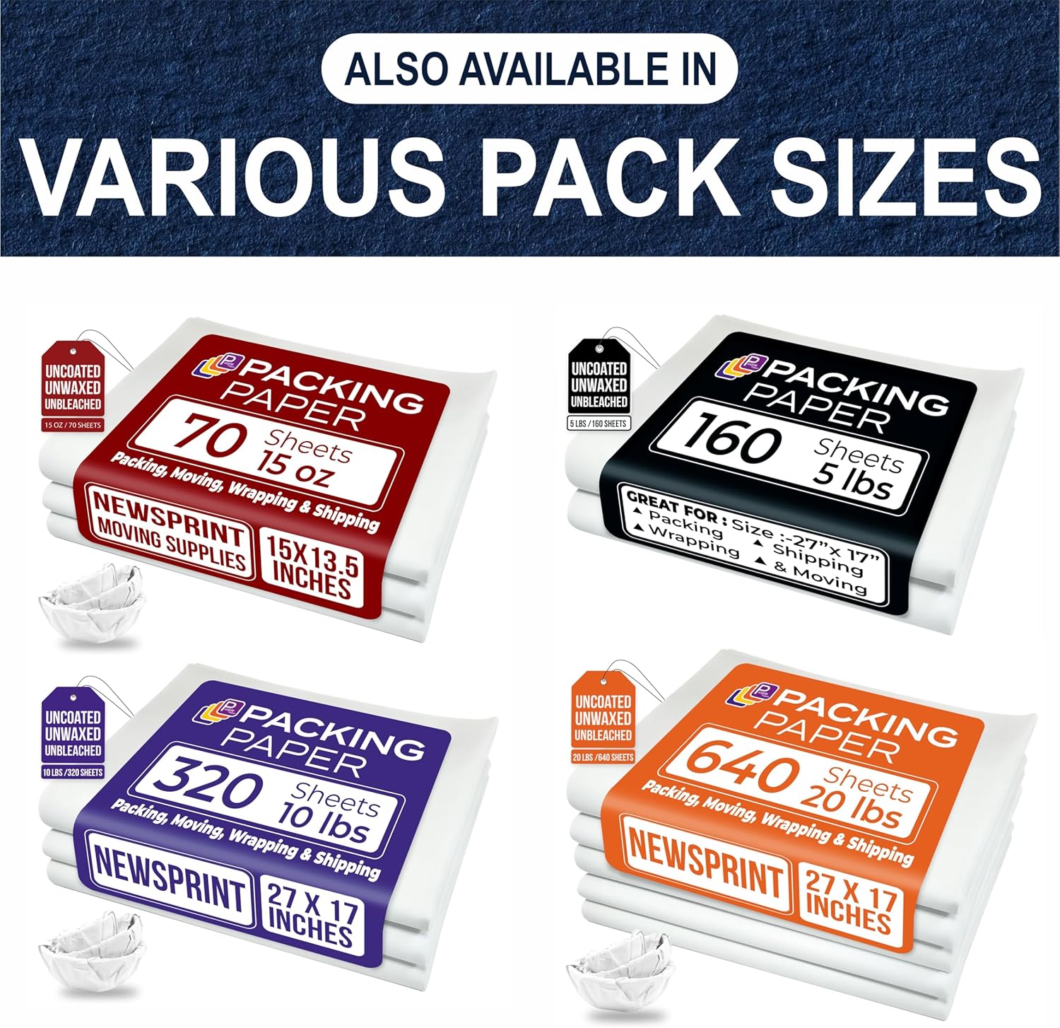 White Bulk Packing Paper Sheets for Moving | 640 sheets | 27" x 17" | 20 lb | Twin Pack | | Newsprint Wrapping Paper Sheets - Must Have in Your Moving Supplies, Packing Materials, Moving Paper Wrap