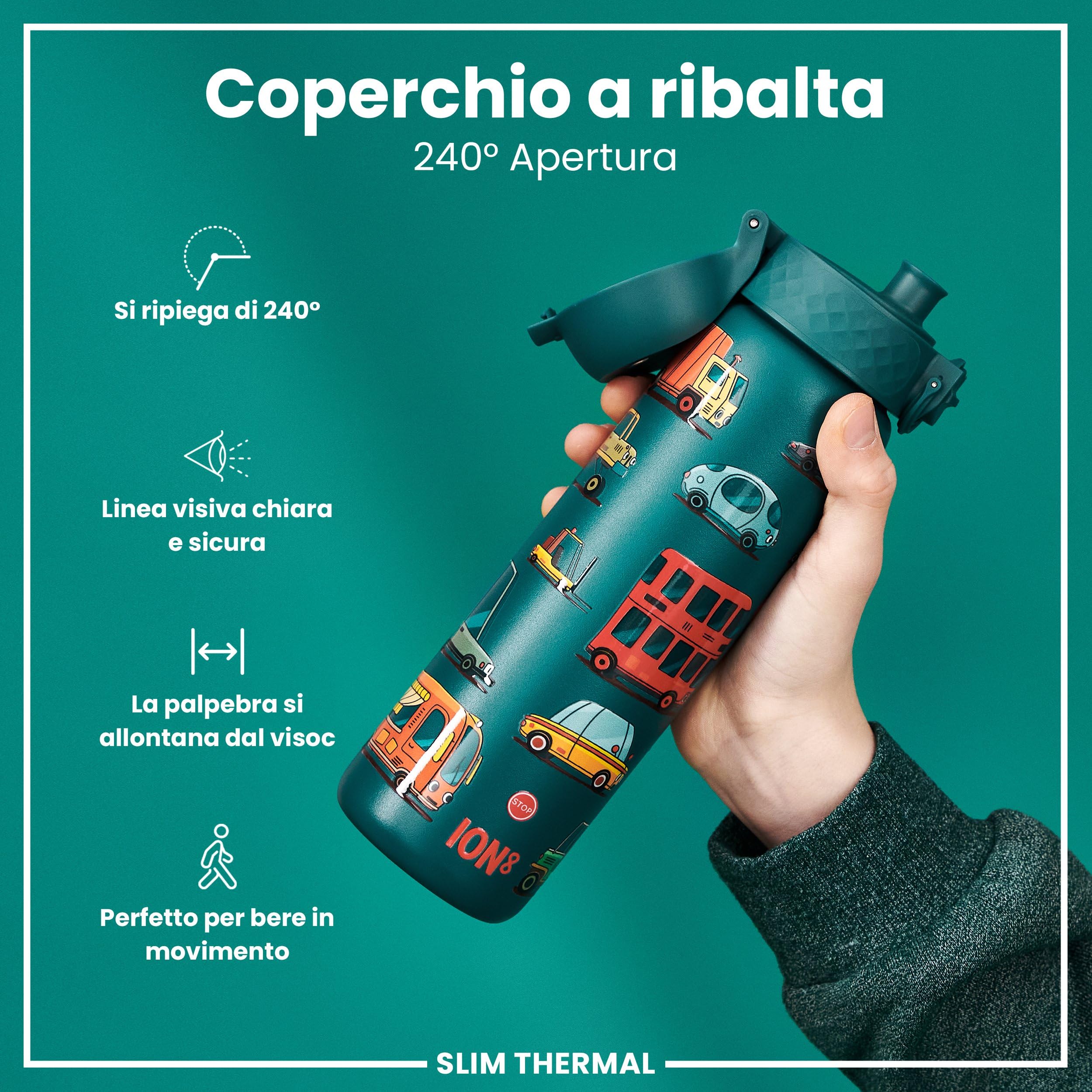 Ion8 Borraccia Termica in Acciaio Isolato, 500ml, a Prova di Perdite, Facile da Aprire, Serratura Sicura, Lavabile in Lavastoviglie, Maniglia per il Trasporto, Facile Pulizia, Durevole,Automobili