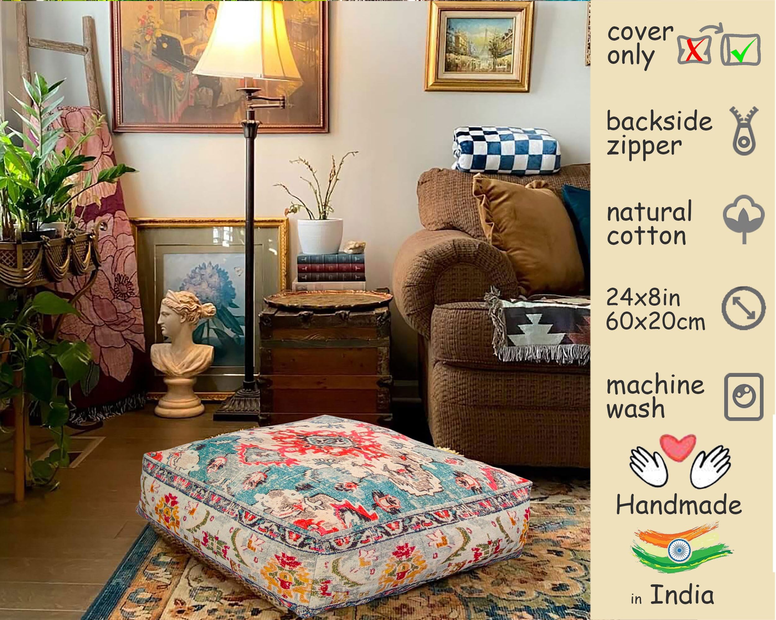 Mandala Life ART Boho Chic Yoga Decor Housse de Coussin de Sol - 60x20 cm - Taie d'oreiller carrée de méditation - Pouf décoratif en Coton imprimé