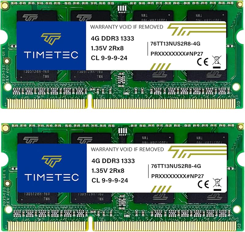 Timetec KIT de 8GB (2x4GB) DDR3 / DDR3L 1333MHz PC3-10600 Sin ECC Sin búfer 1.5V / 1.35V CL9 2Rx8 Doble rango Baja densidad 204 pines SODIMM Computadora portátil PC Memoria RAM Módulo de actualización