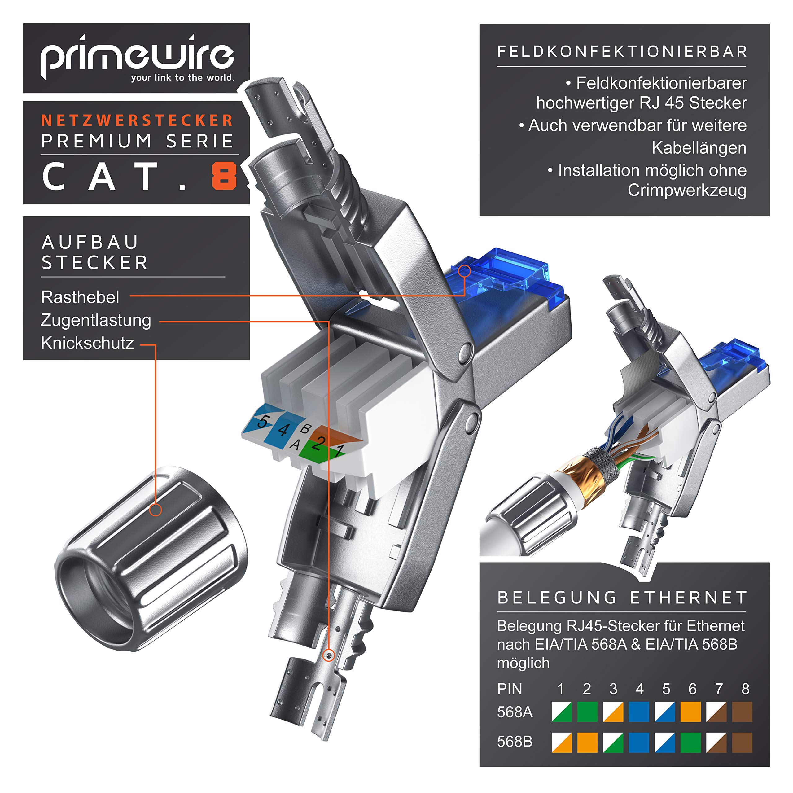 CSL - 8x Netzwerkstecker Feldkonfektionierbar RJ45 CAT 6/7/8 - Geschirmt 40 GBit/s 2000 MHz Ethernet Werkzeuglos LAN Kabel - Crimpstecker Steckverbinder für Netzwerkkabel Verlegekabel