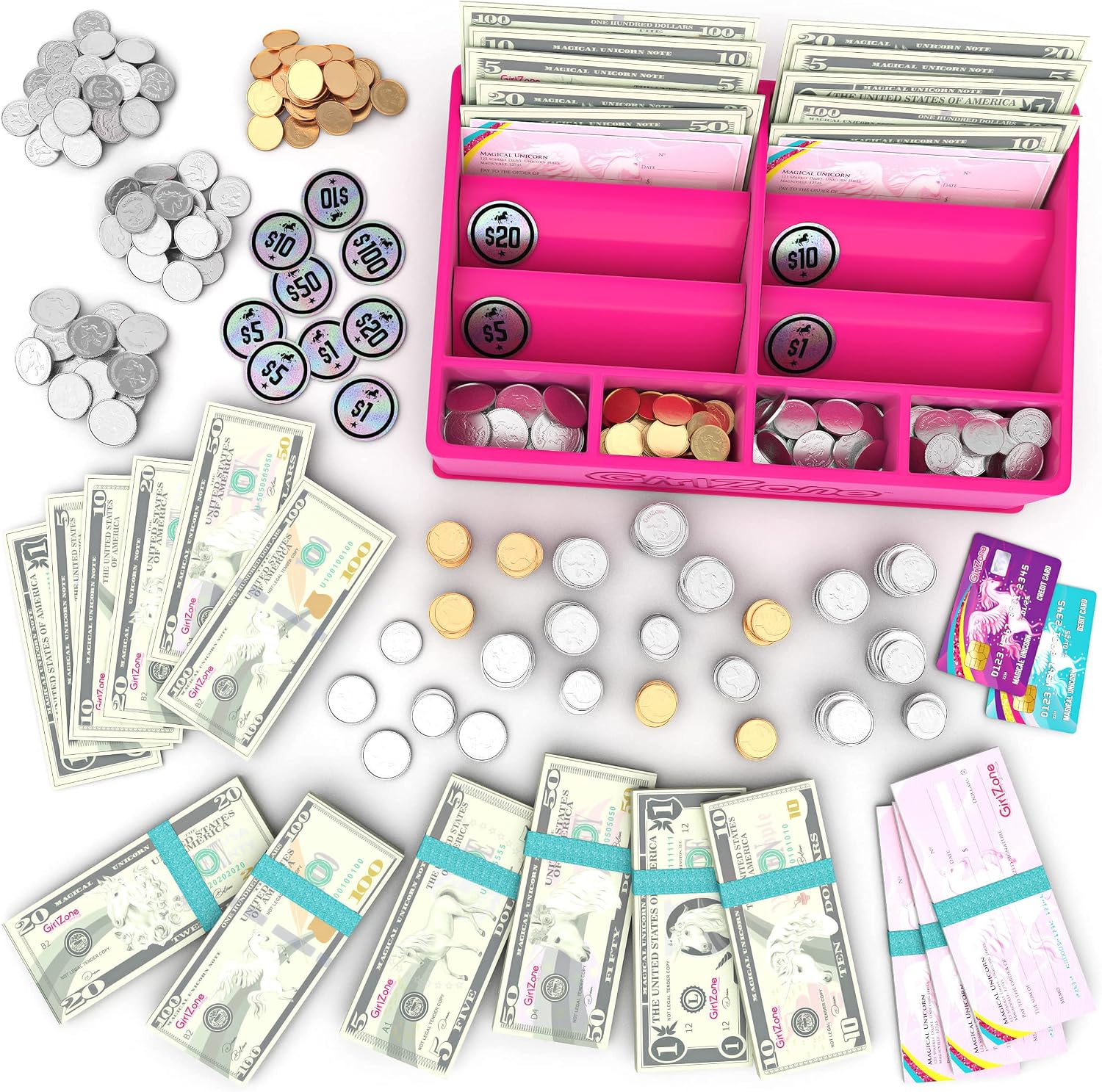 GirlZone Unicorn Play Money for Kids – Realistic Dollar Bills, Coins, Credit & Debit Cards & Checkbook, Fun Kids Play Money to Help Learn About Counting