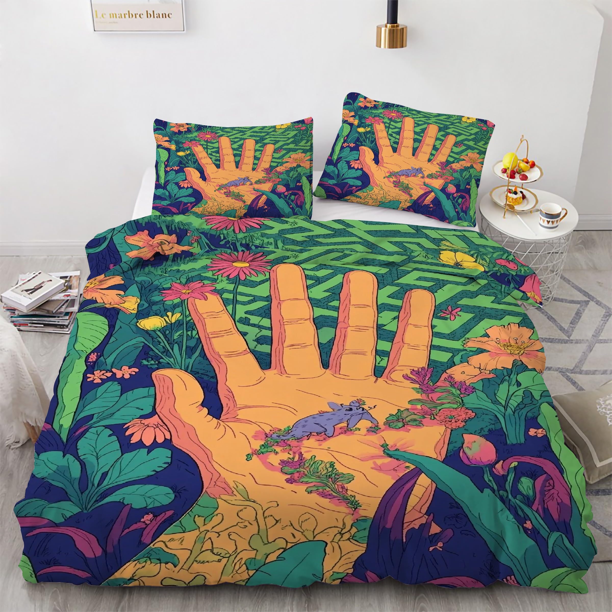 Parure de lit 90x190 fleurs avec housse de couette palmier et taies KG2354